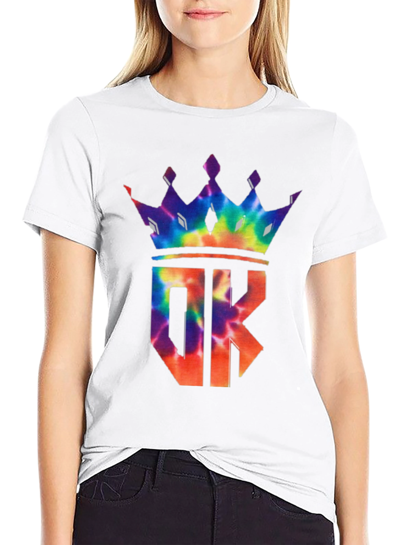 Tie-Dye Crown OK Graphic Print Black T-Shirt
