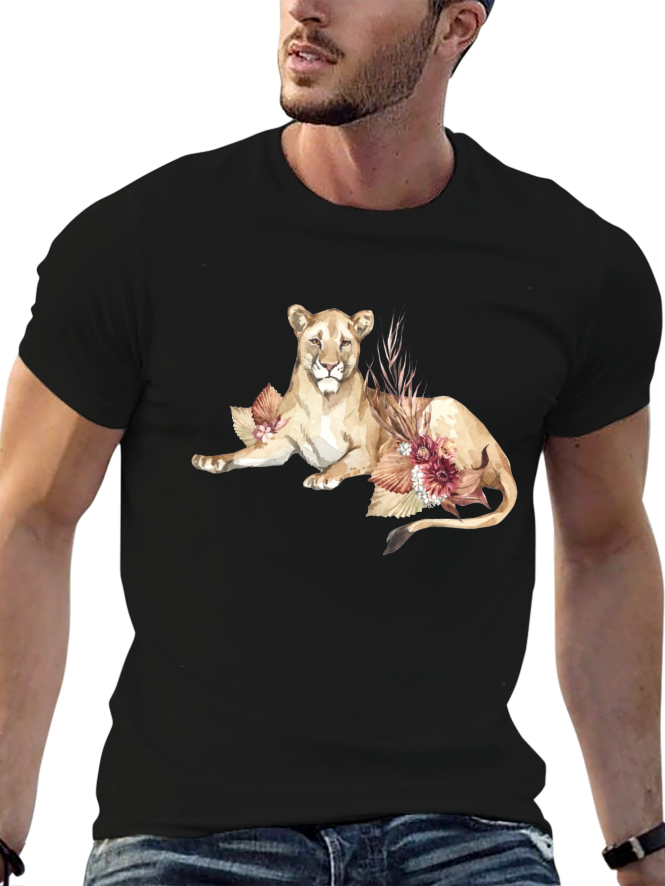 Lion & Floral Graphic Black T-Shirt