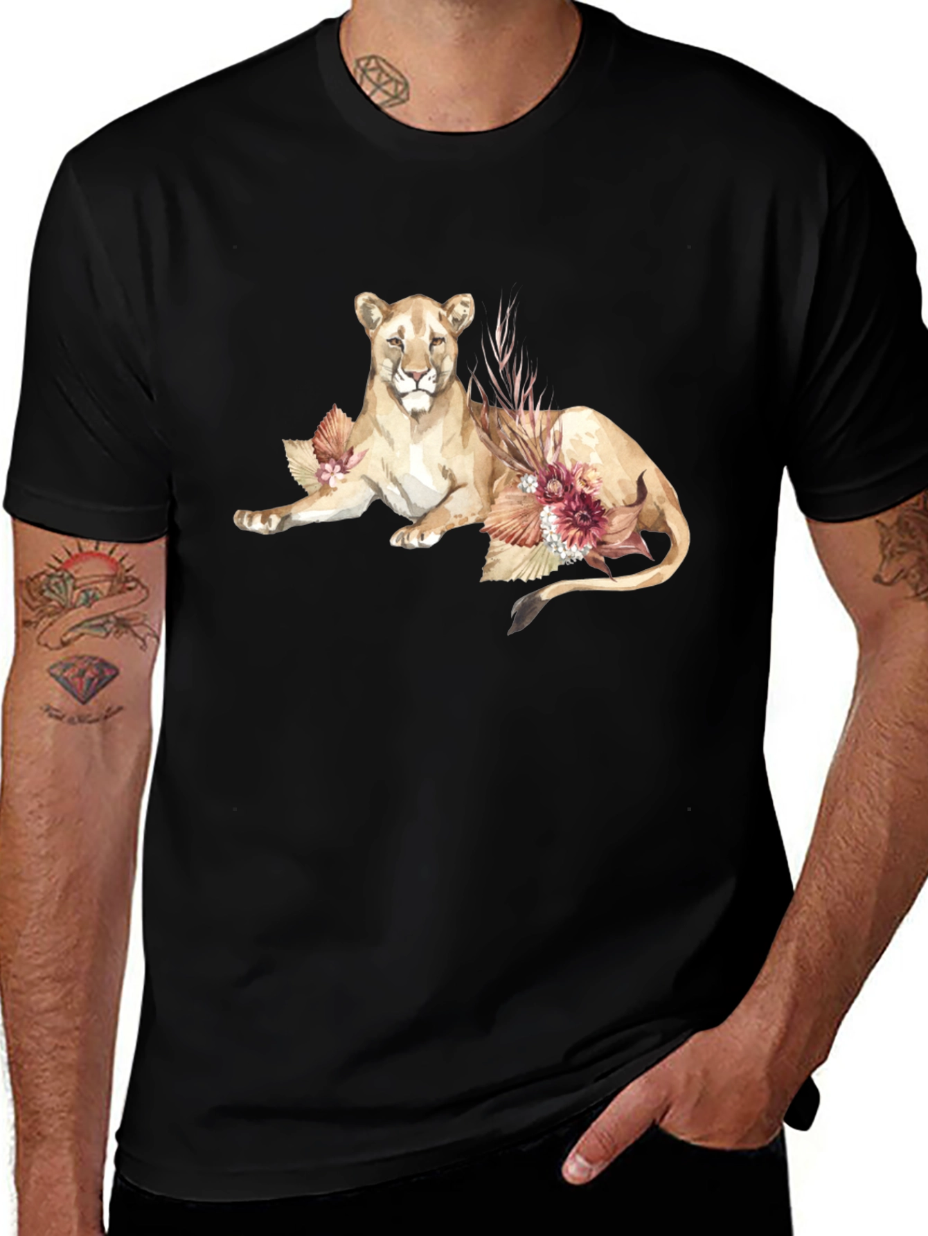 Lion & Floral Graphic Black T-Shirt