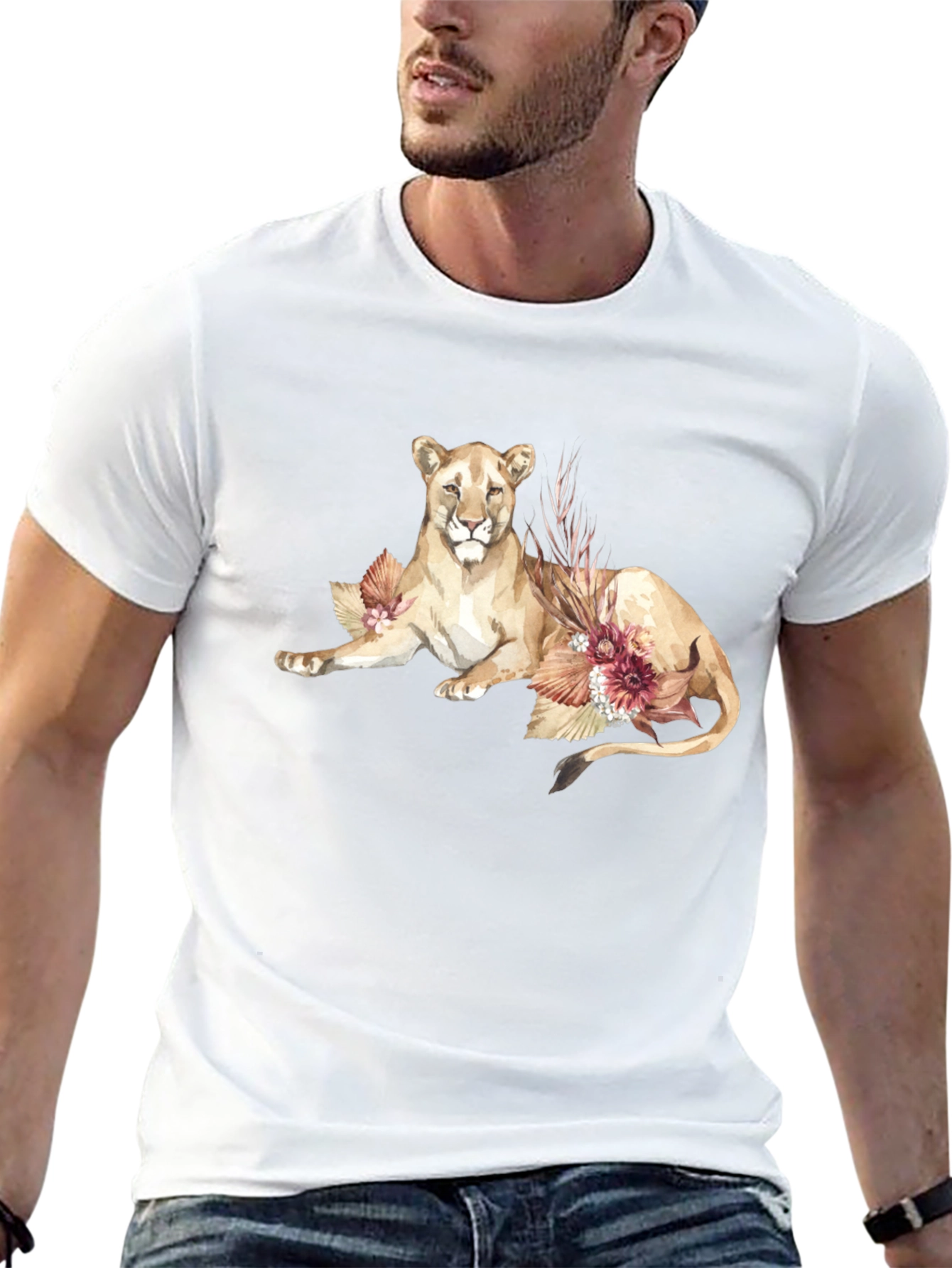 Lion & Floral Graphic Black T-Shirt