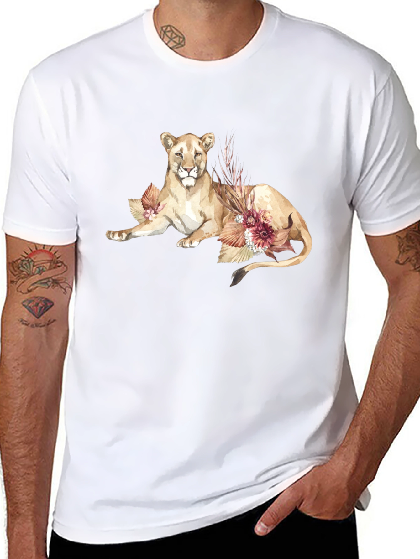 Lion & Floral Graphic Black T-Shirt