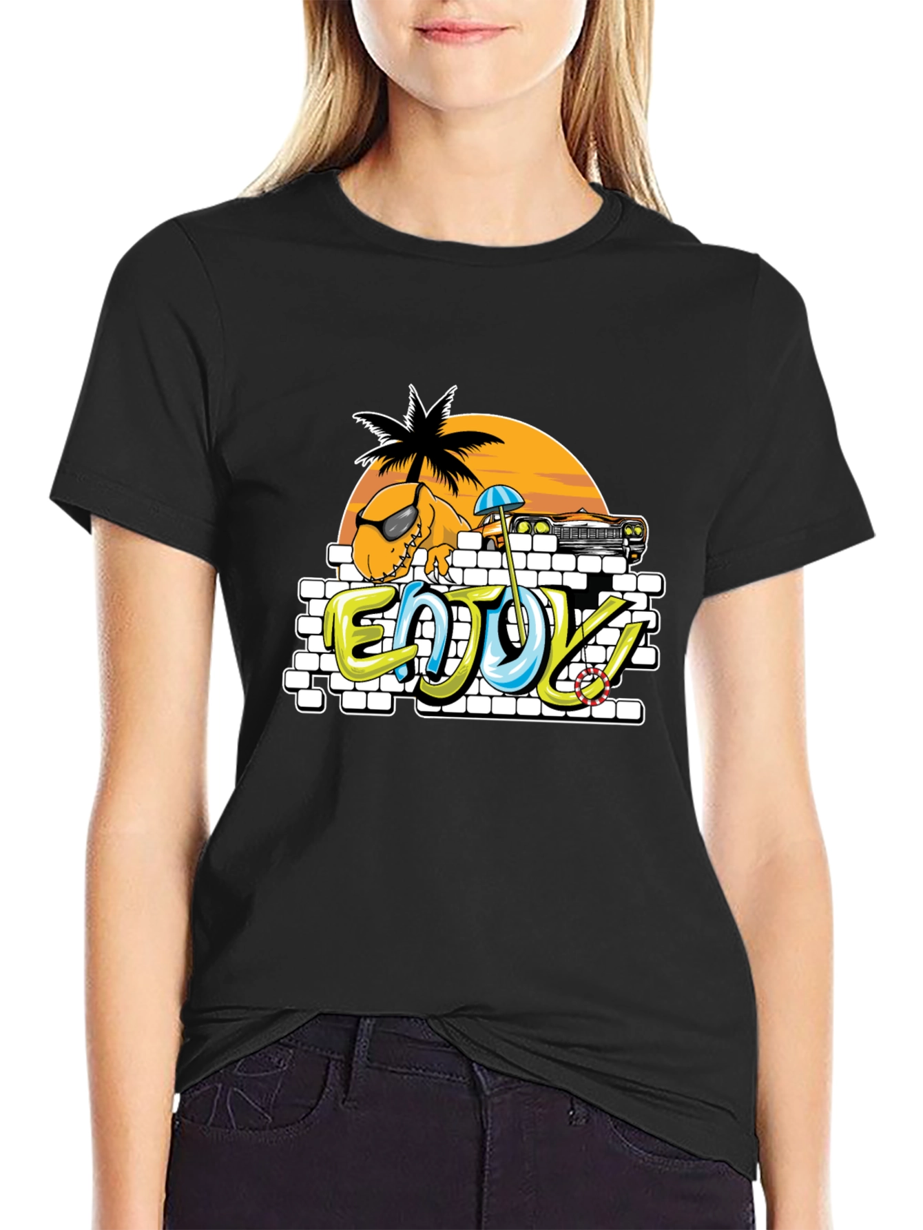 Dinosaur Beach T-Shirt - Enjoy! Black Tee