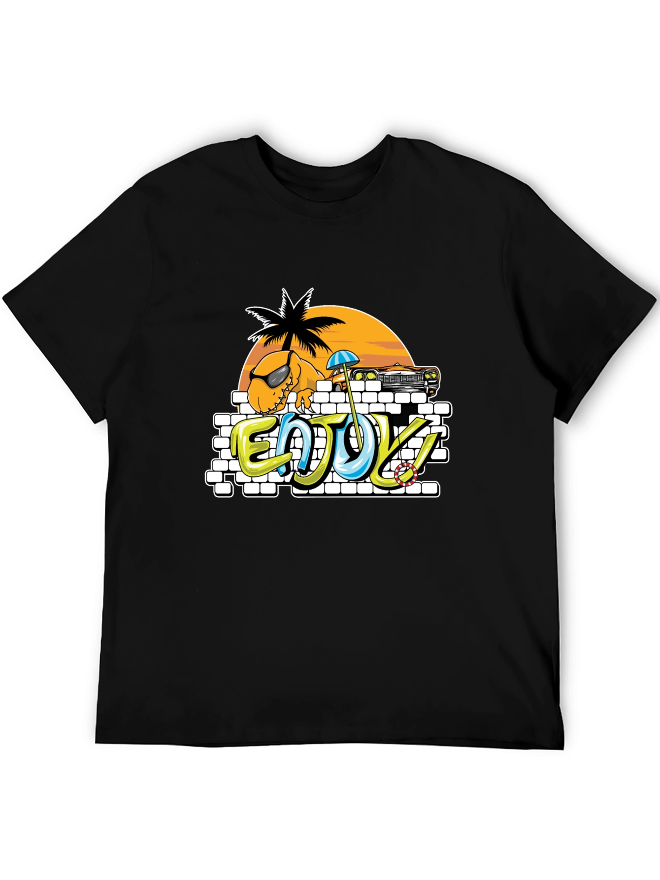 Dinosaur Beach T-Shirt - Enjoy! Black Tee