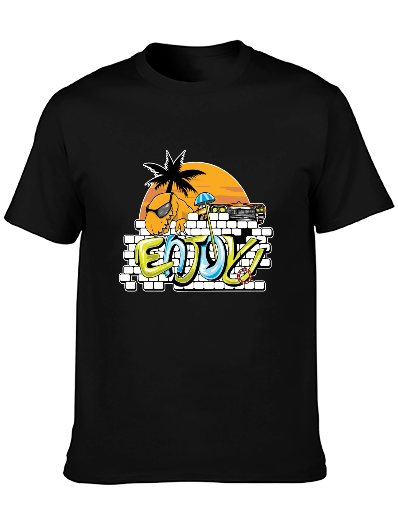 Dinosaur Beach T-Shirt - Enjoy! Black Tee