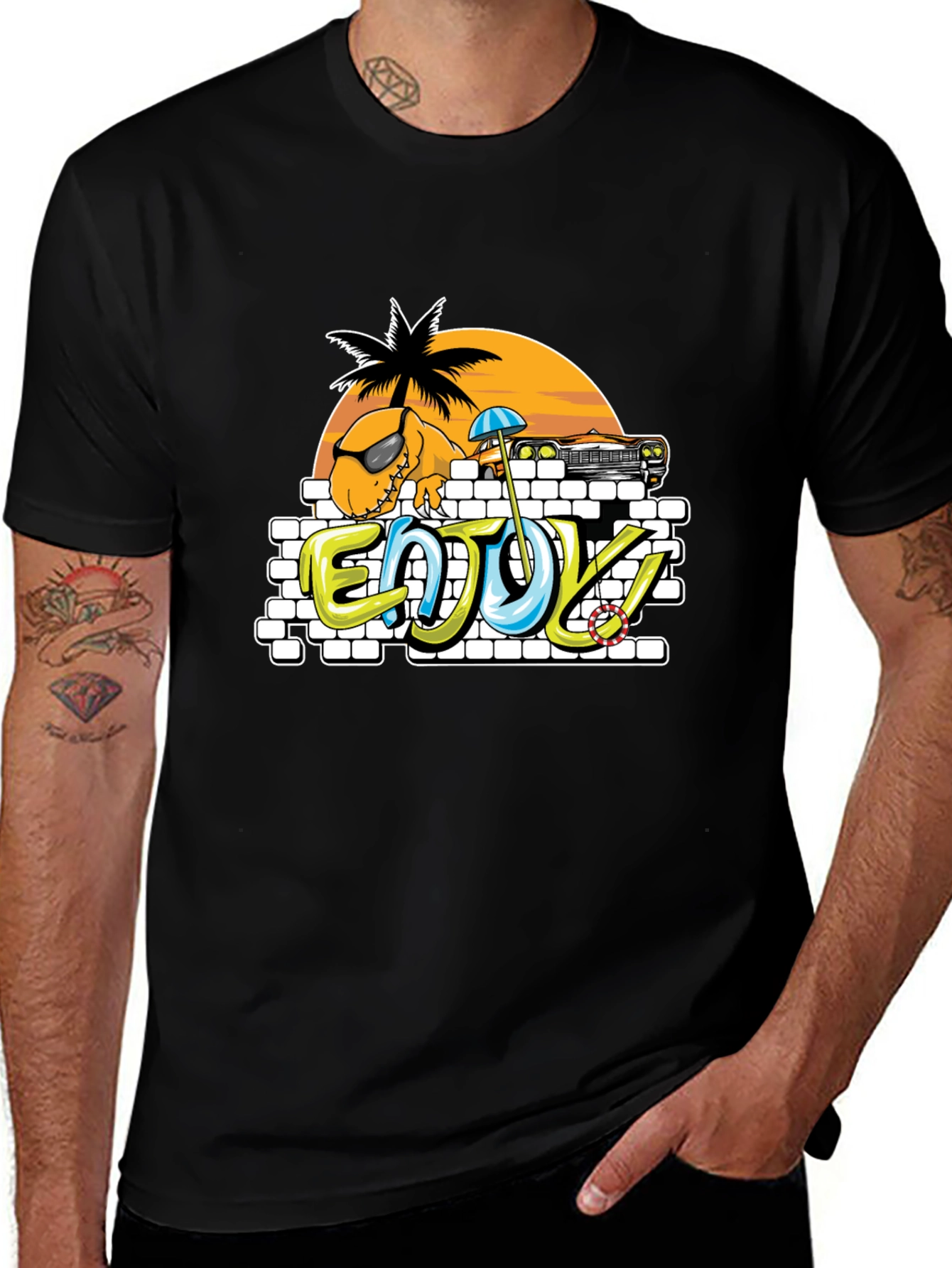 Dinosaur Beach T-Shirt - Enjoy! Black Tee