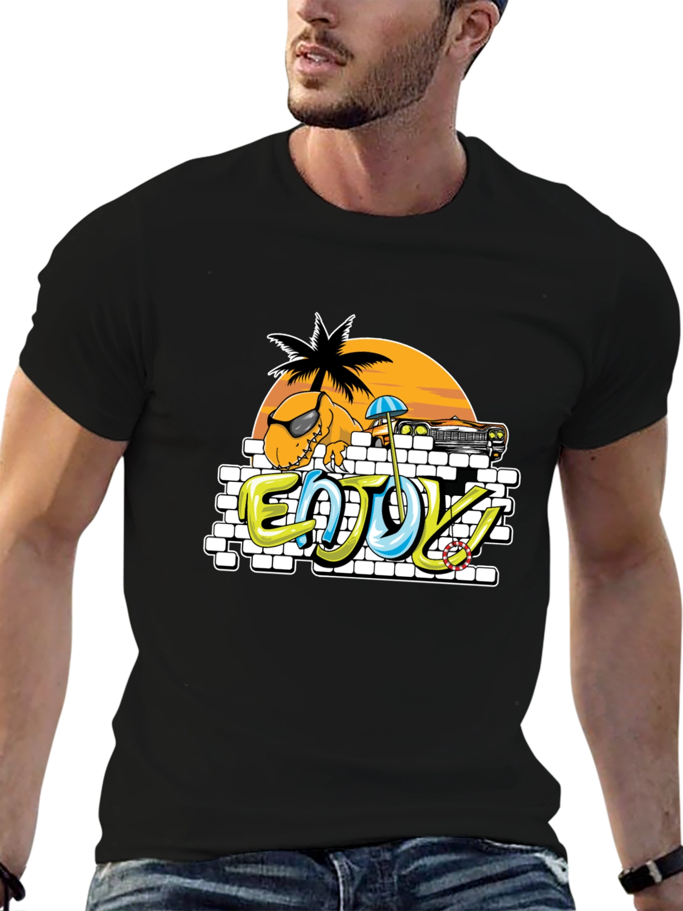 Dinosaur Beach T-Shirt - Enjoy! Black Tee