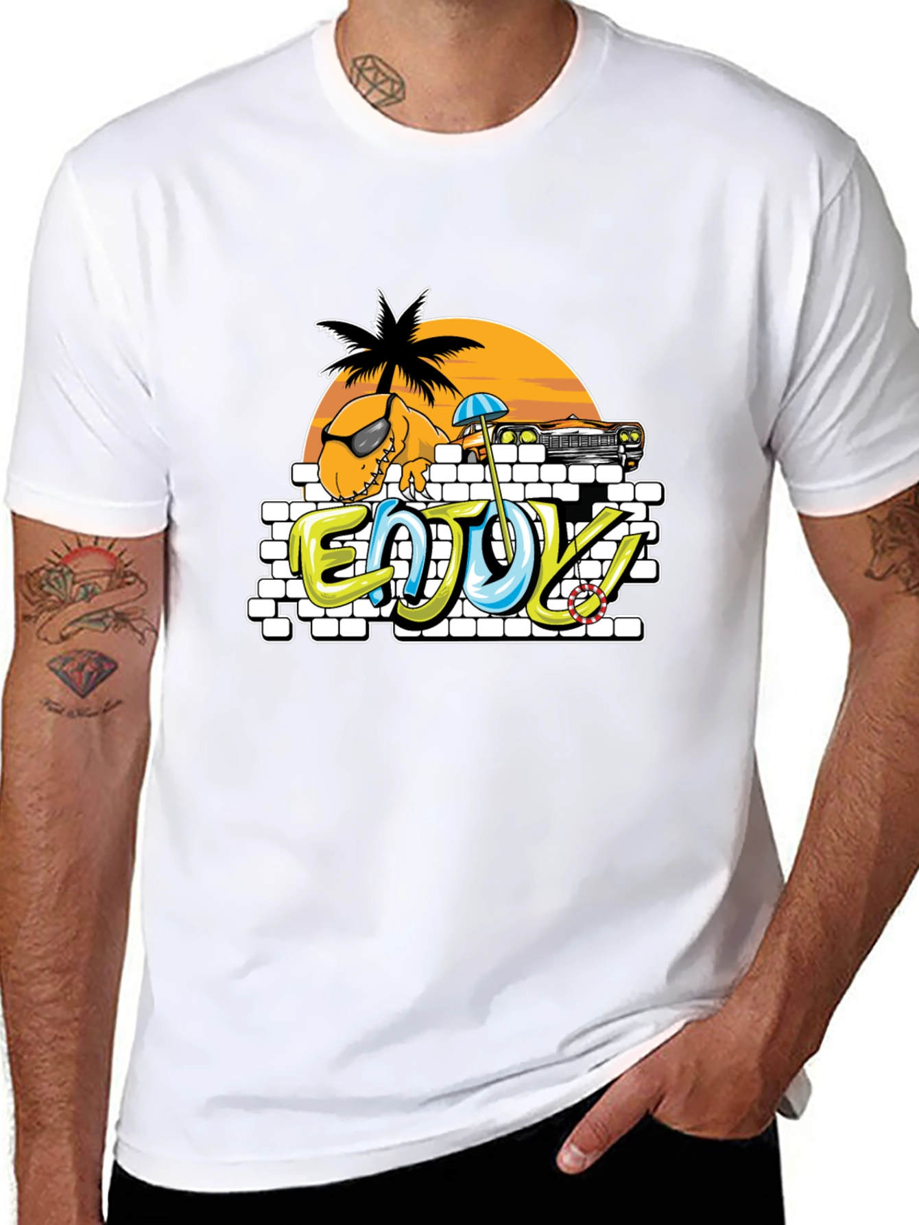 Dinosaur Beach T-Shirt - Enjoy! Black Tee