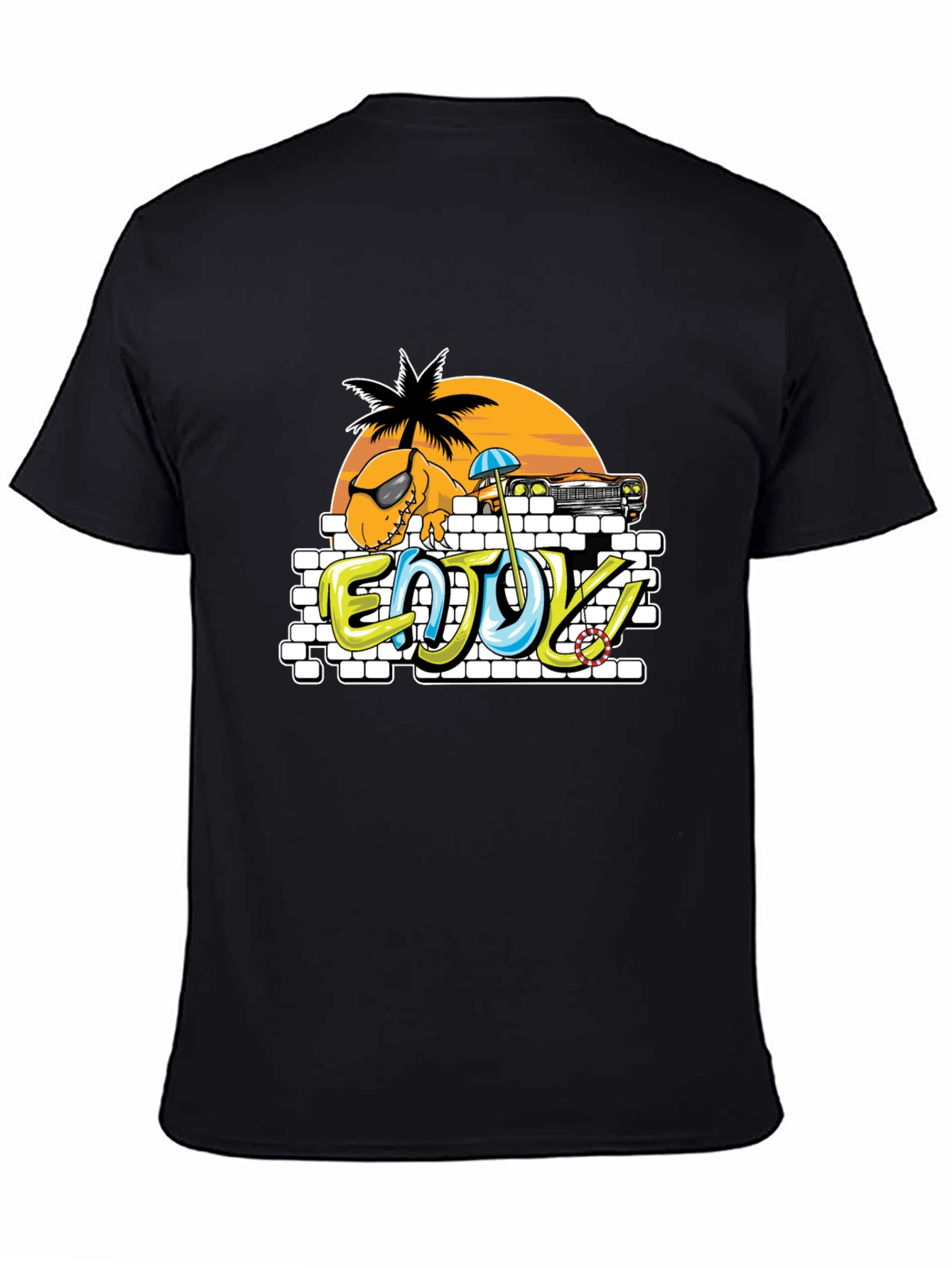 Dinosaur Beach T-Shirt - Enjoy! Black Tee