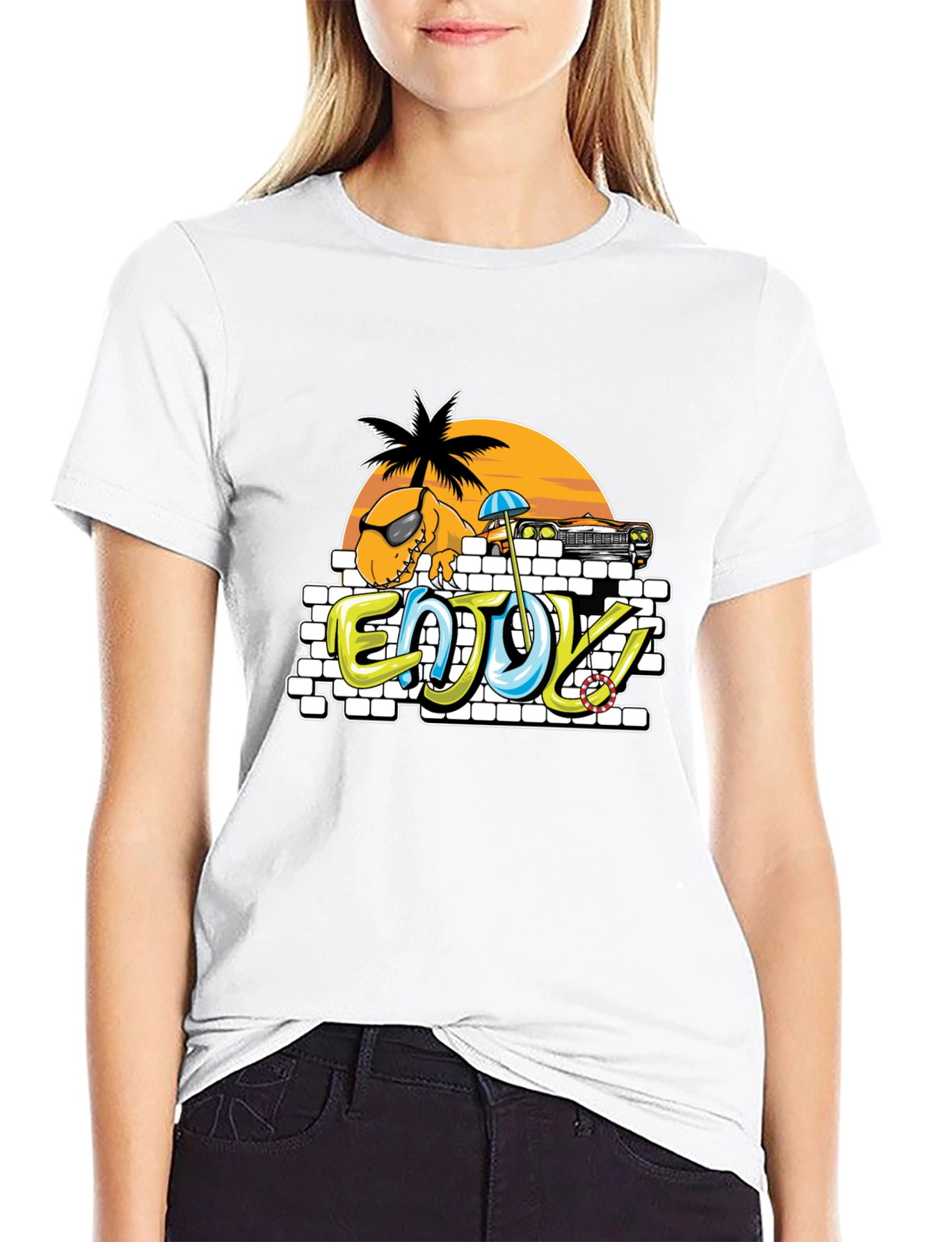 Dinosaur Beach T-Shirt - Enjoy! Black Tee