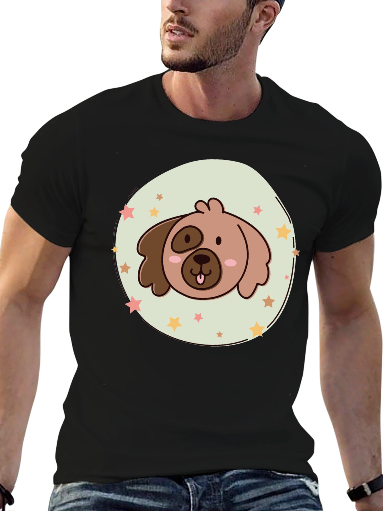Cute Cartoon Dog Graphic T-Shirt - Black