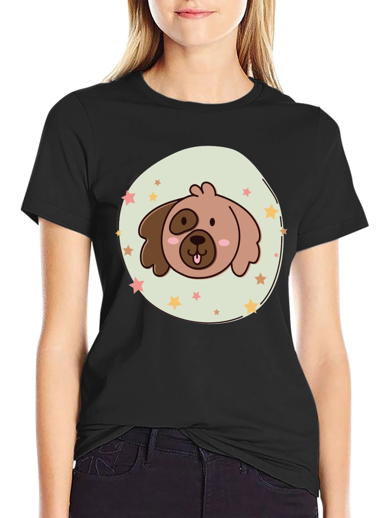 Cute Cartoon Dog Graphic T-Shirt - Black
