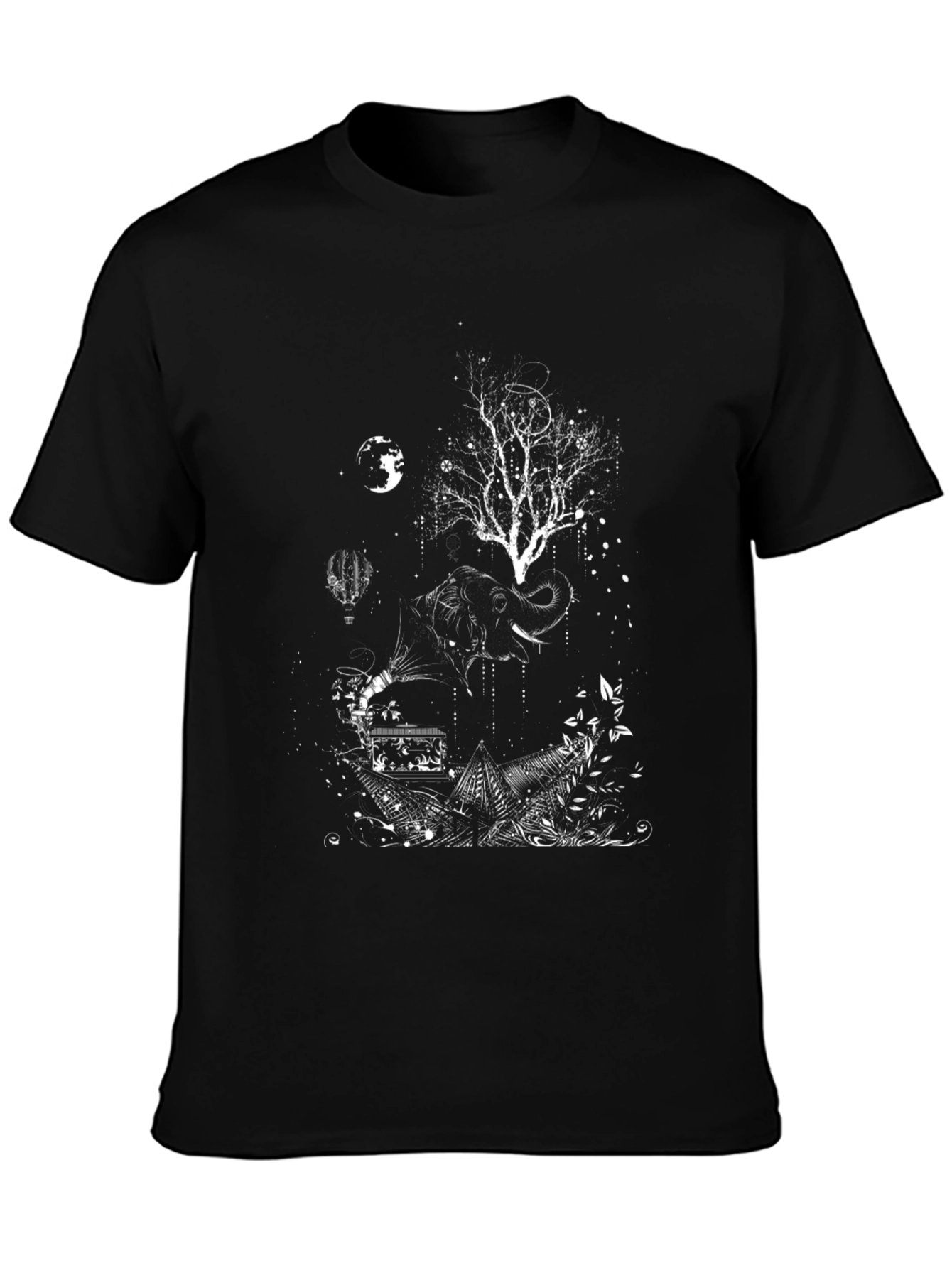 Artistic Elephant Tree Graphic Tee - Black Cotton