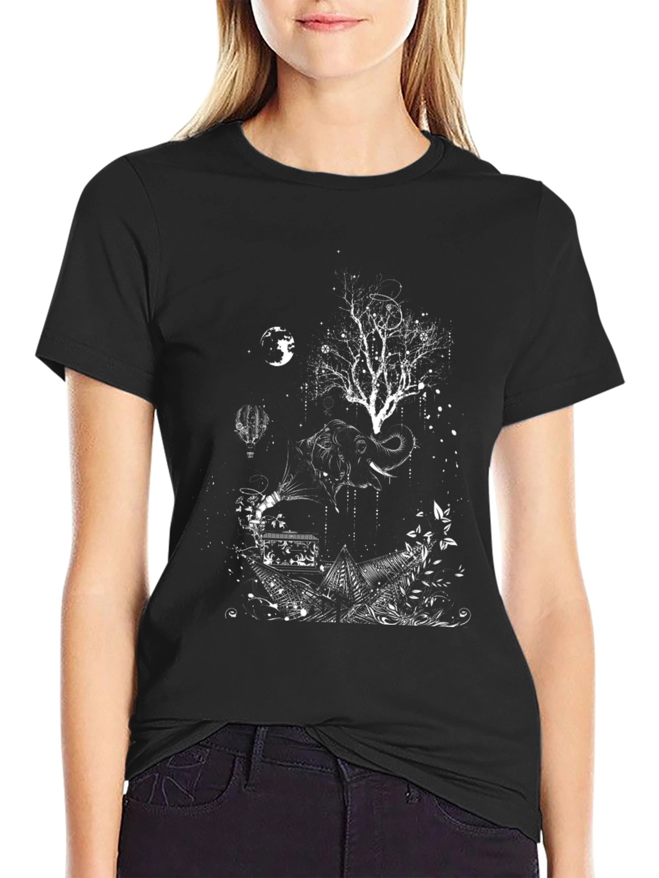 Artistic Elephant Tree Graphic Tee - Black Cotton