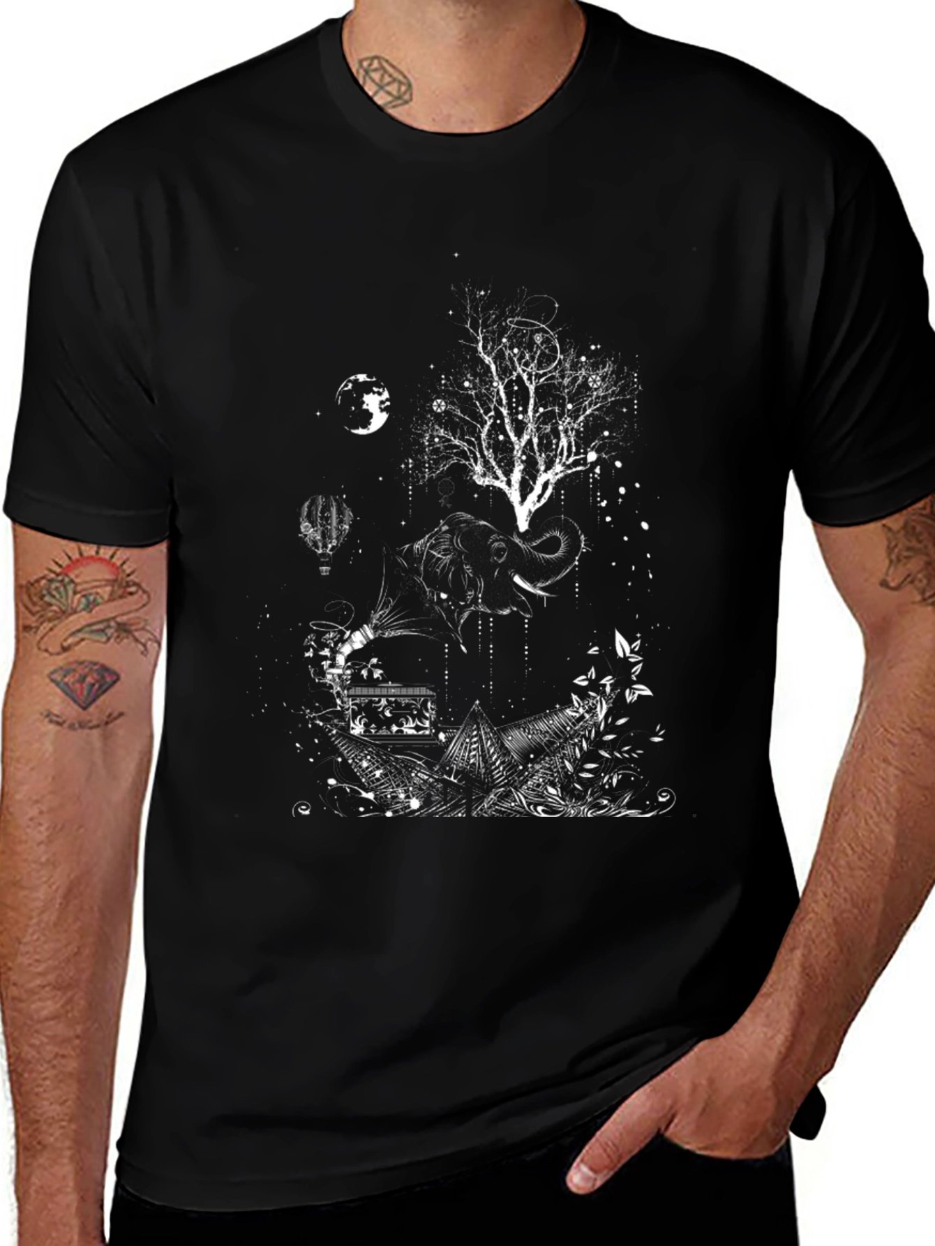 Artistic Elephant Tree Graphic Tee - Black Cotton