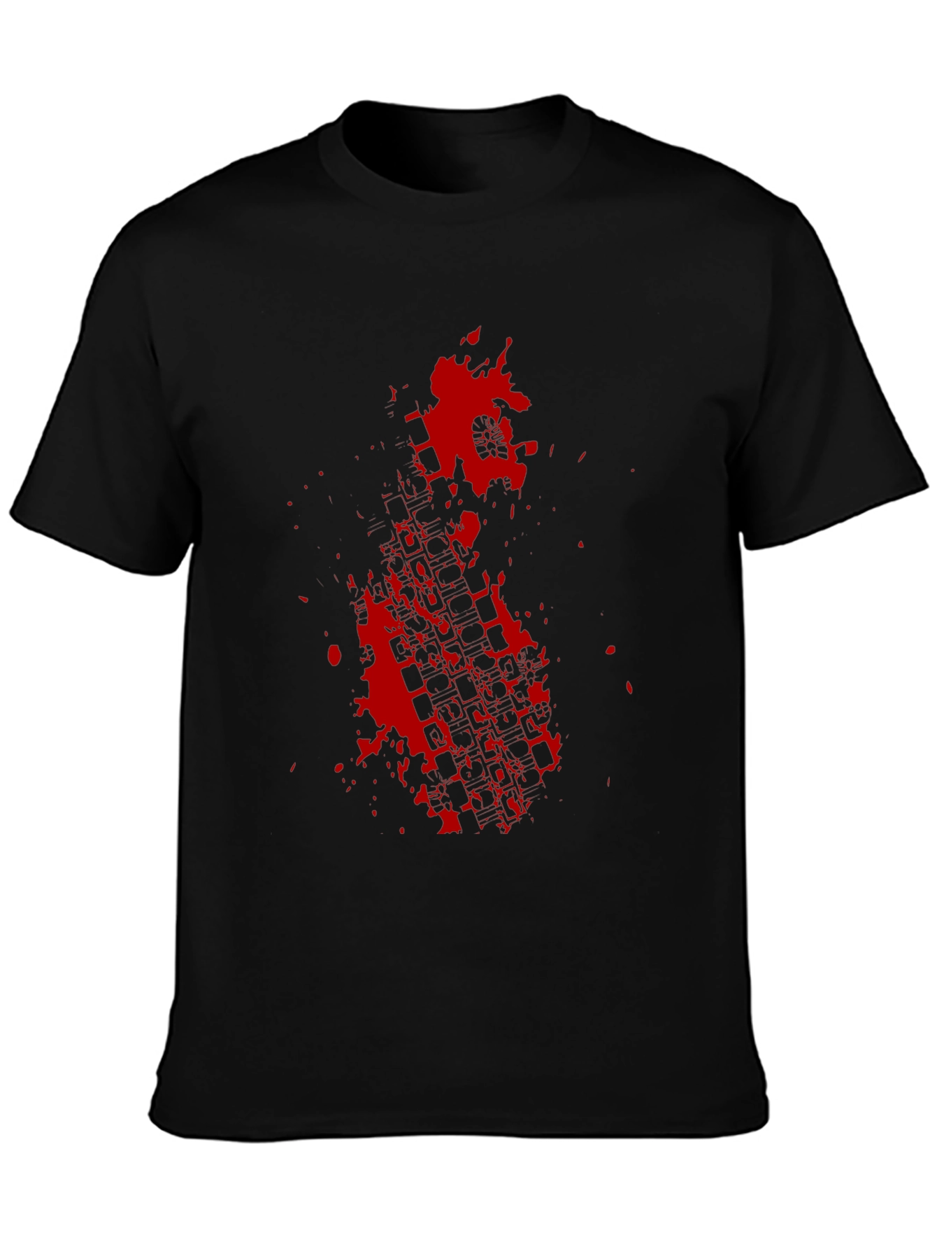 Black Tee with Red Tire Track Splatter Graphic