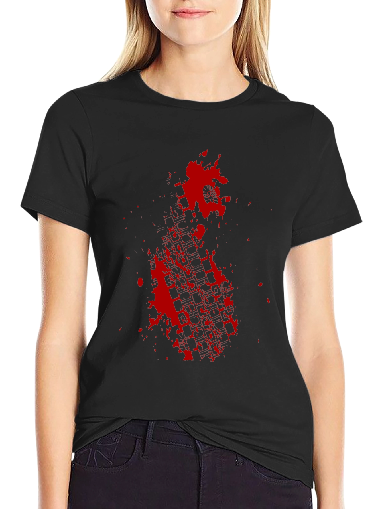Black Tee with Red Tire Track Splatter Graphic