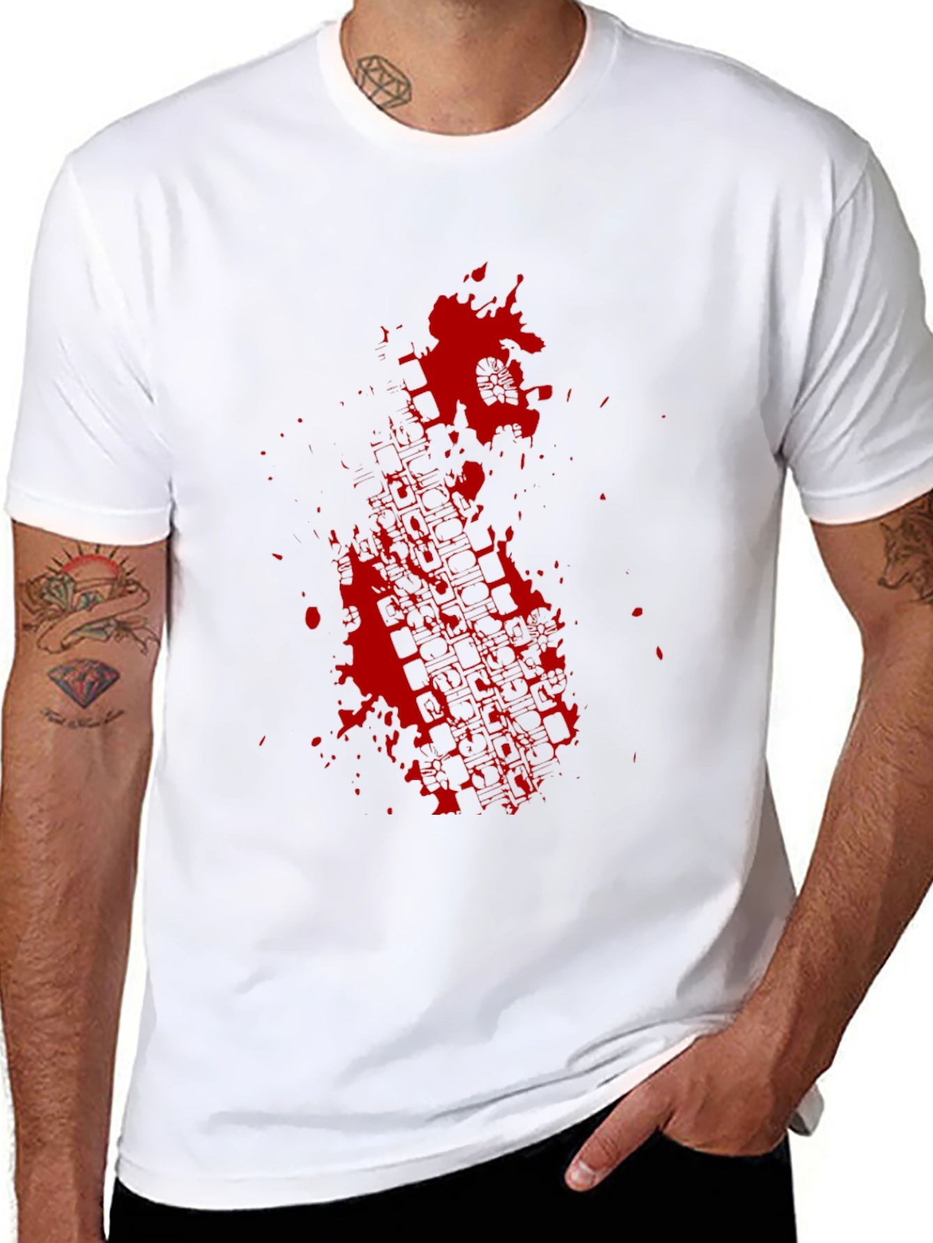 Black Tee with Red Tire Track Splatter Graphic