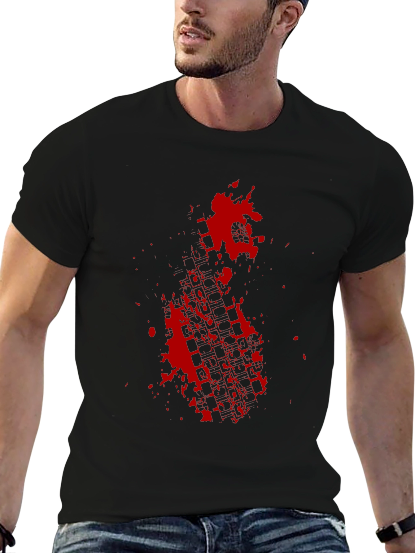 Black Tee with Red Tire Track Splatter Graphic