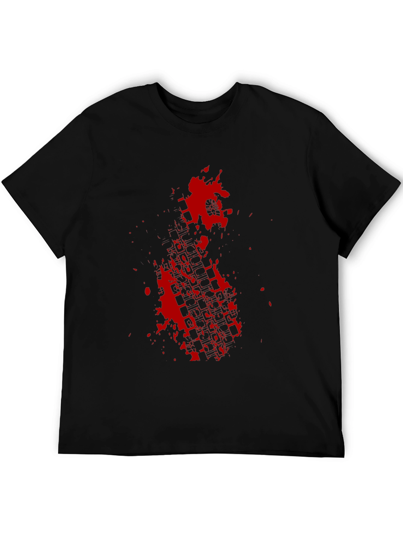 Black Tee with Red Tire Track Splatter Graphic