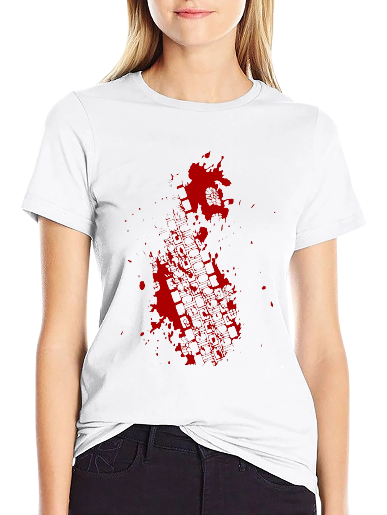 Black Tee with Red Tire Track Splatter Graphic