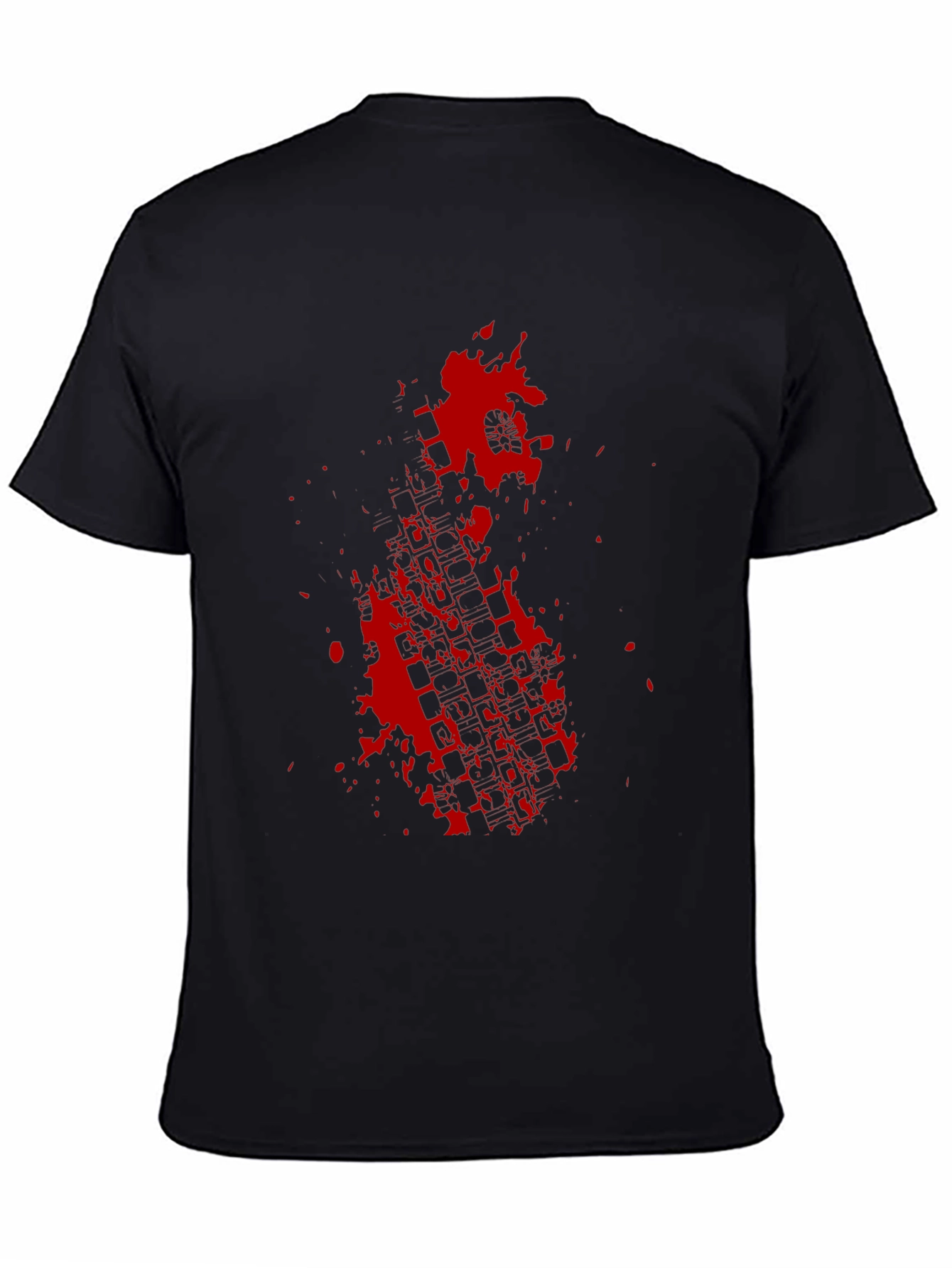 Black Tee with Red Tire Track Splatter Graphic