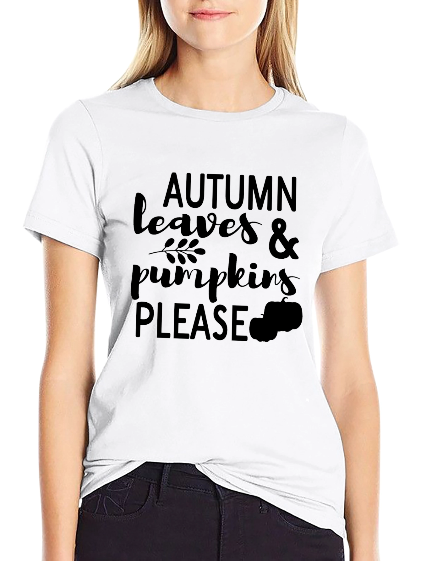 Autumn Leaves & Pumpkins Please Black T-Shirt