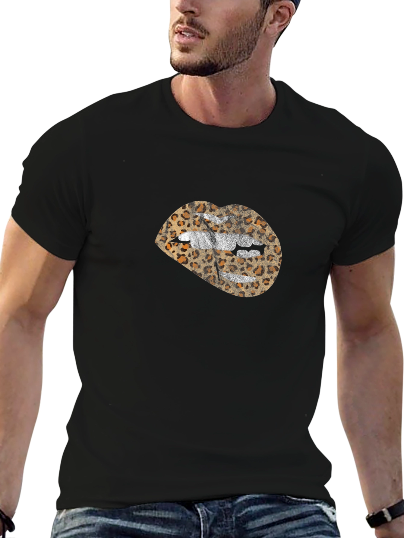 Leopard Print Lips Graphic Tee - Black