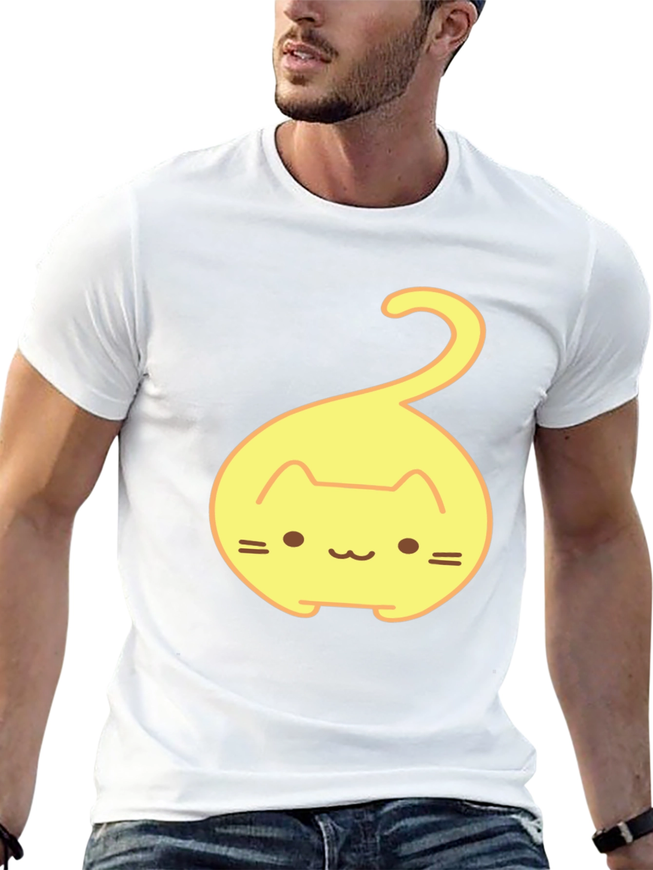 Cute Yellow Cat Tail Graphic T-Shirt - Black