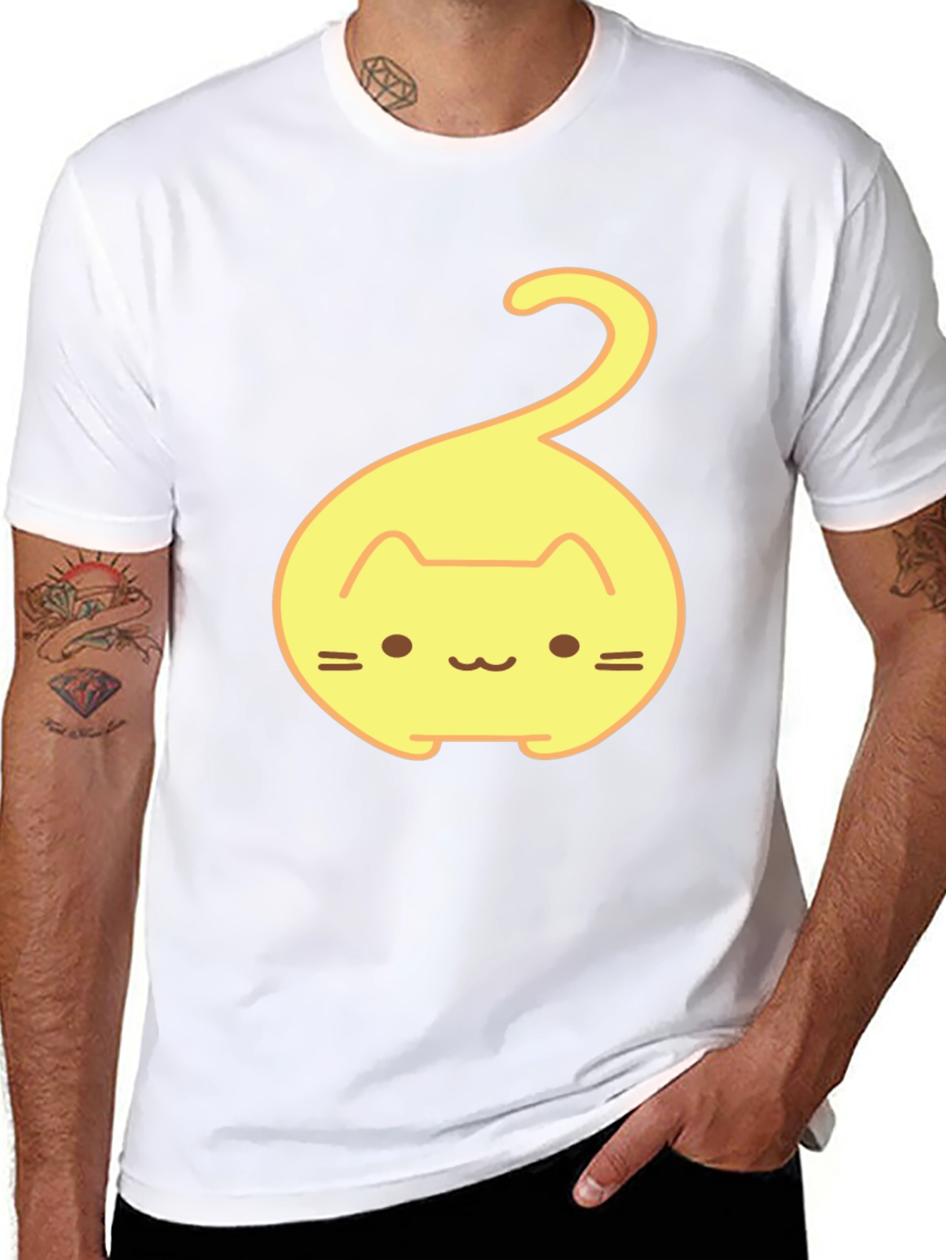 Cute Yellow Cat Tail Graphic T-Shirt - Black