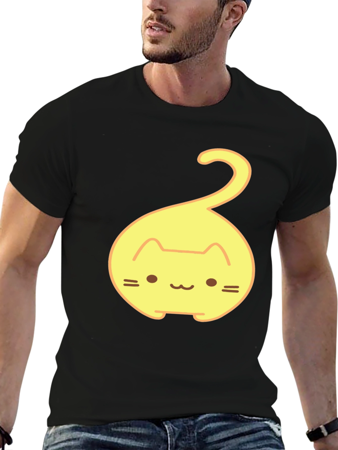 Cute Yellow Cat Tail Graphic T-Shirt - Black