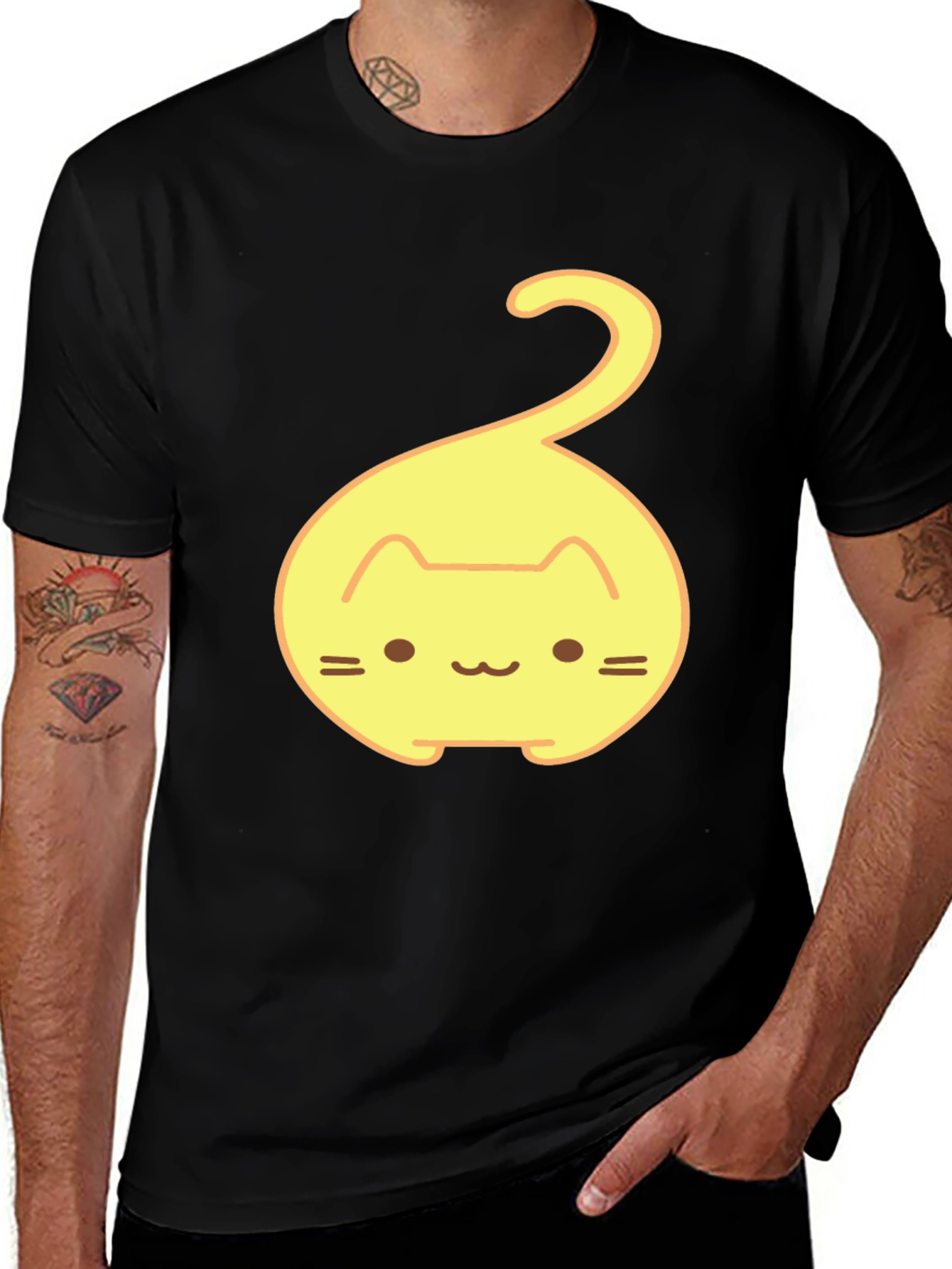 Cute Yellow Cat Tail Graphic T-Shirt - Black