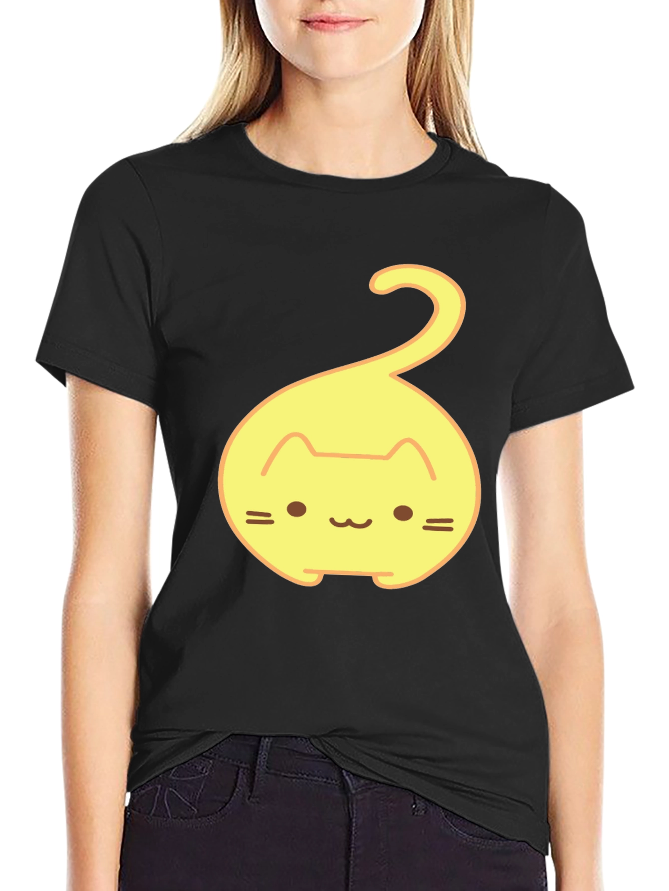 Cute Yellow Cat Tail Graphic T-Shirt - Black