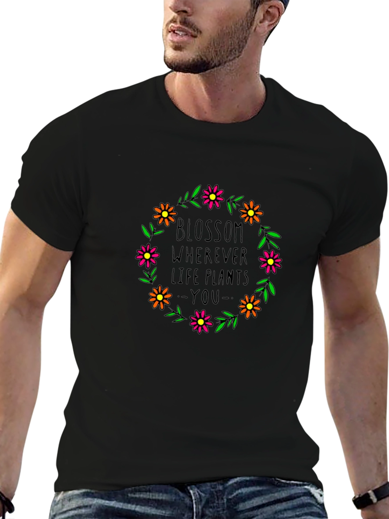 Floral Blossom Life Plants Graphic Black T-Shirt