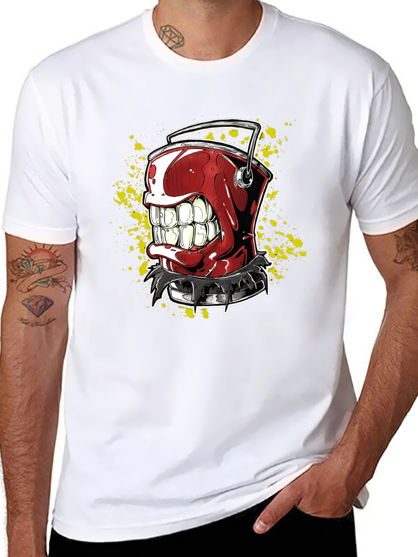 Mens Black T-Shirt with Red Grinning Paint Bucket Graphic
