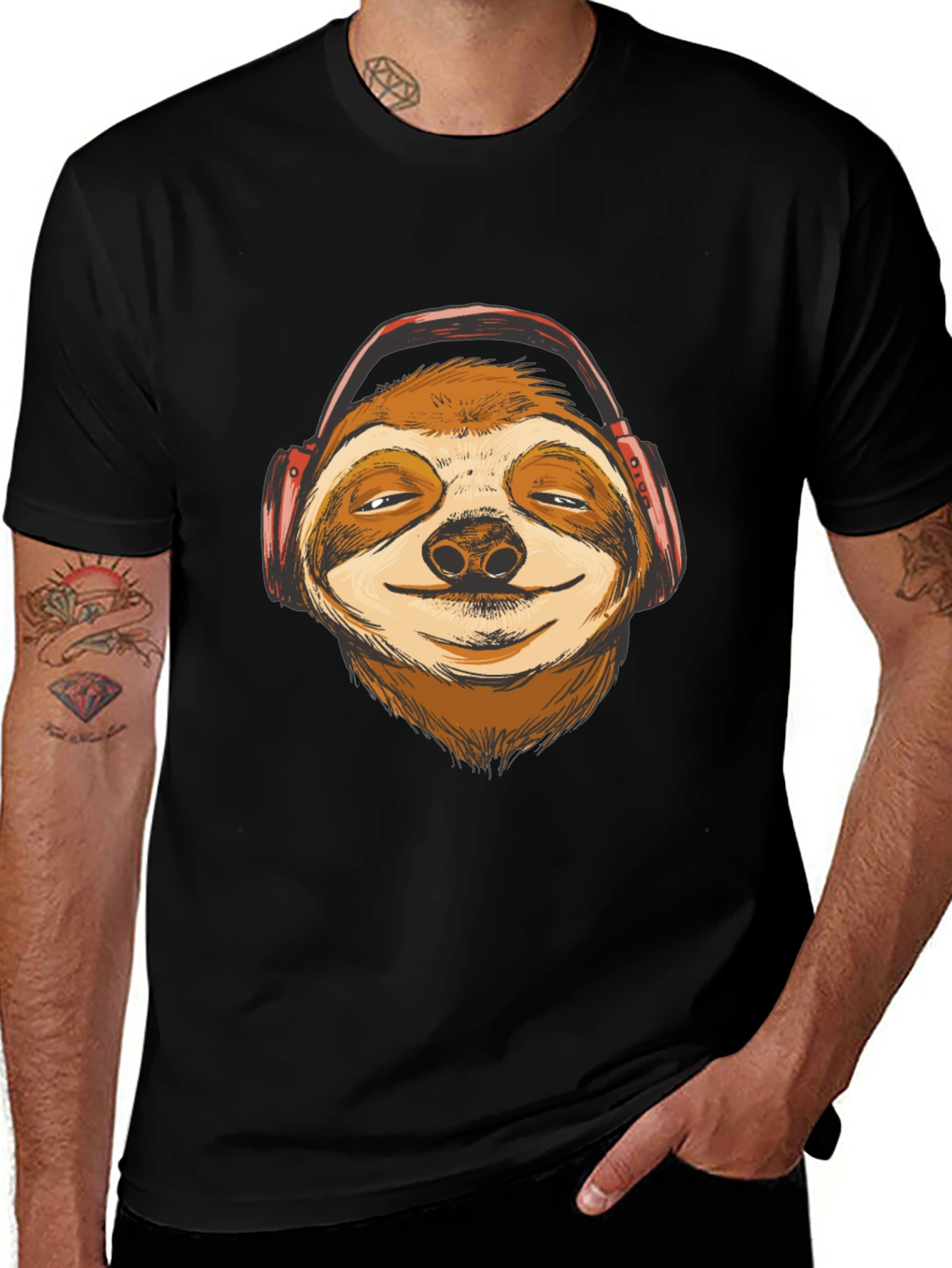 Sloth Headphones Graphic T-Shirt - Relaxed Style