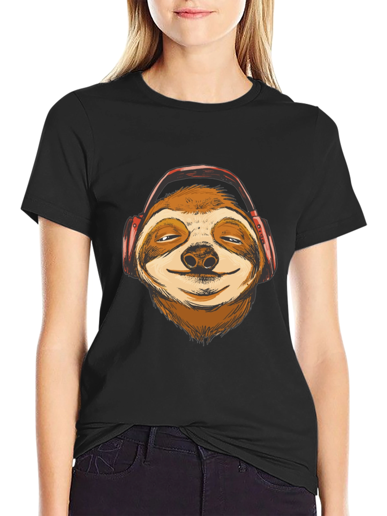 Sloth Headphones Graphic T-Shirt - Relaxed Style