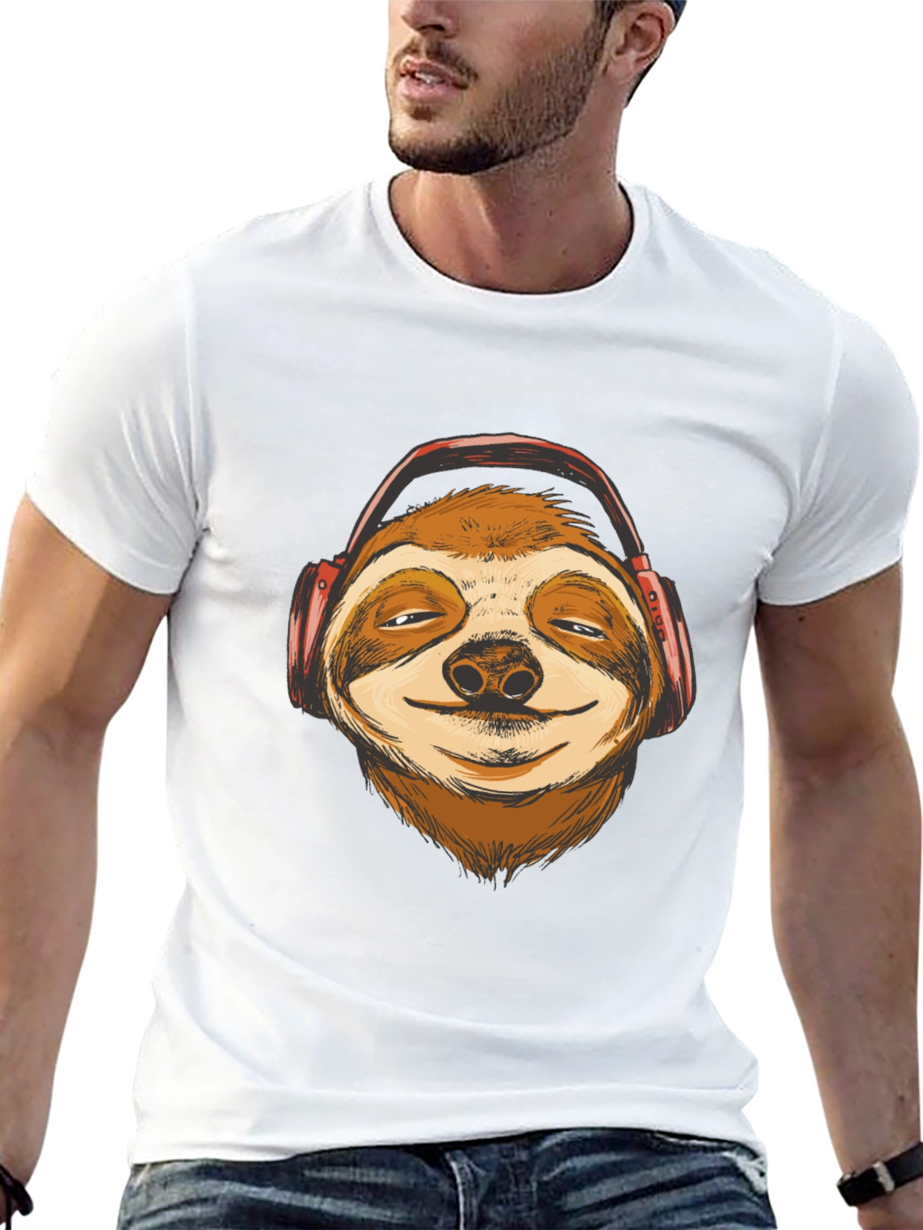 Sloth Headphones Graphic T-Shirt - Relaxed Style