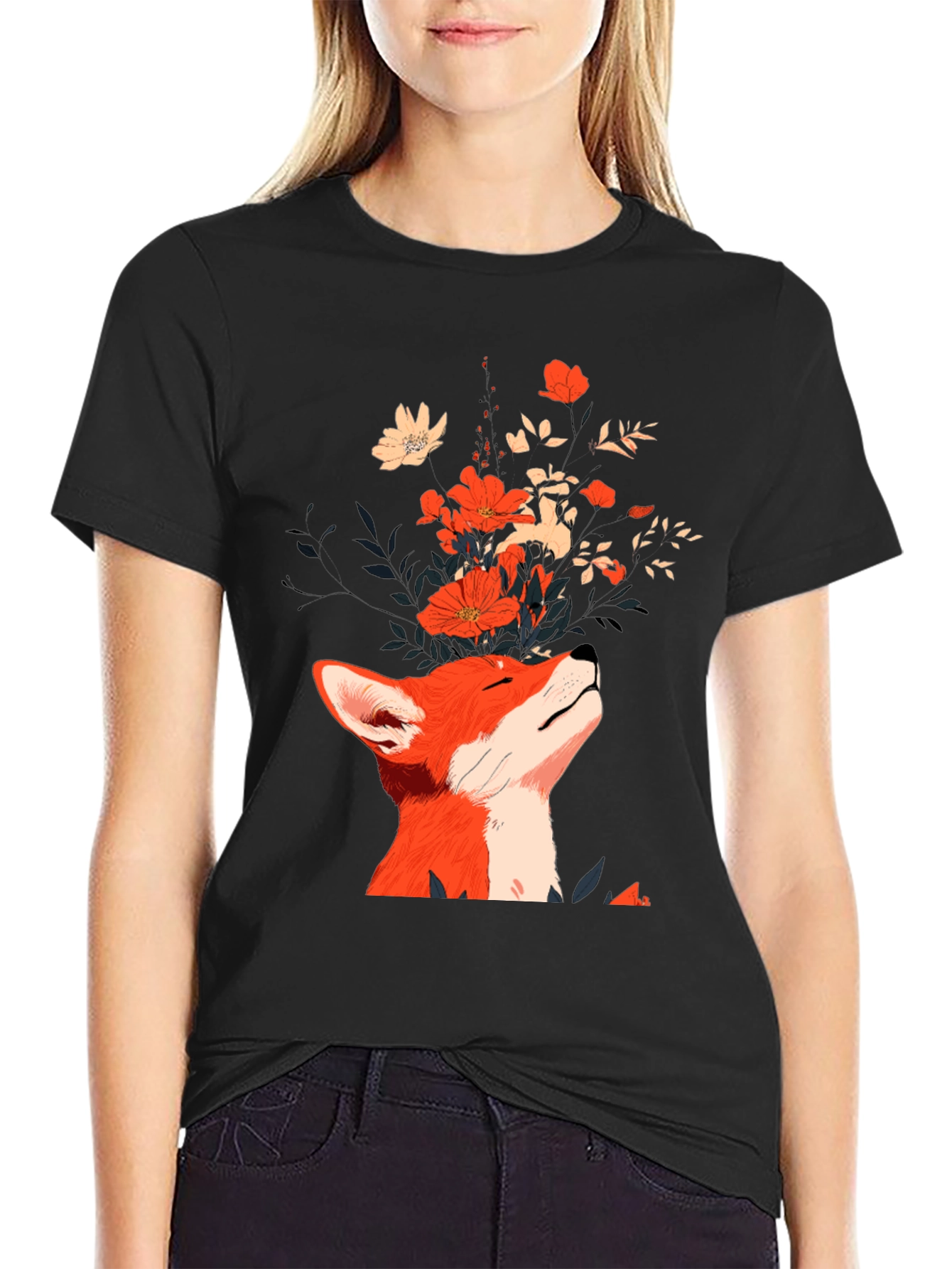 Fox and Flowers Graphic Tee - Unisex Black T-Shirt