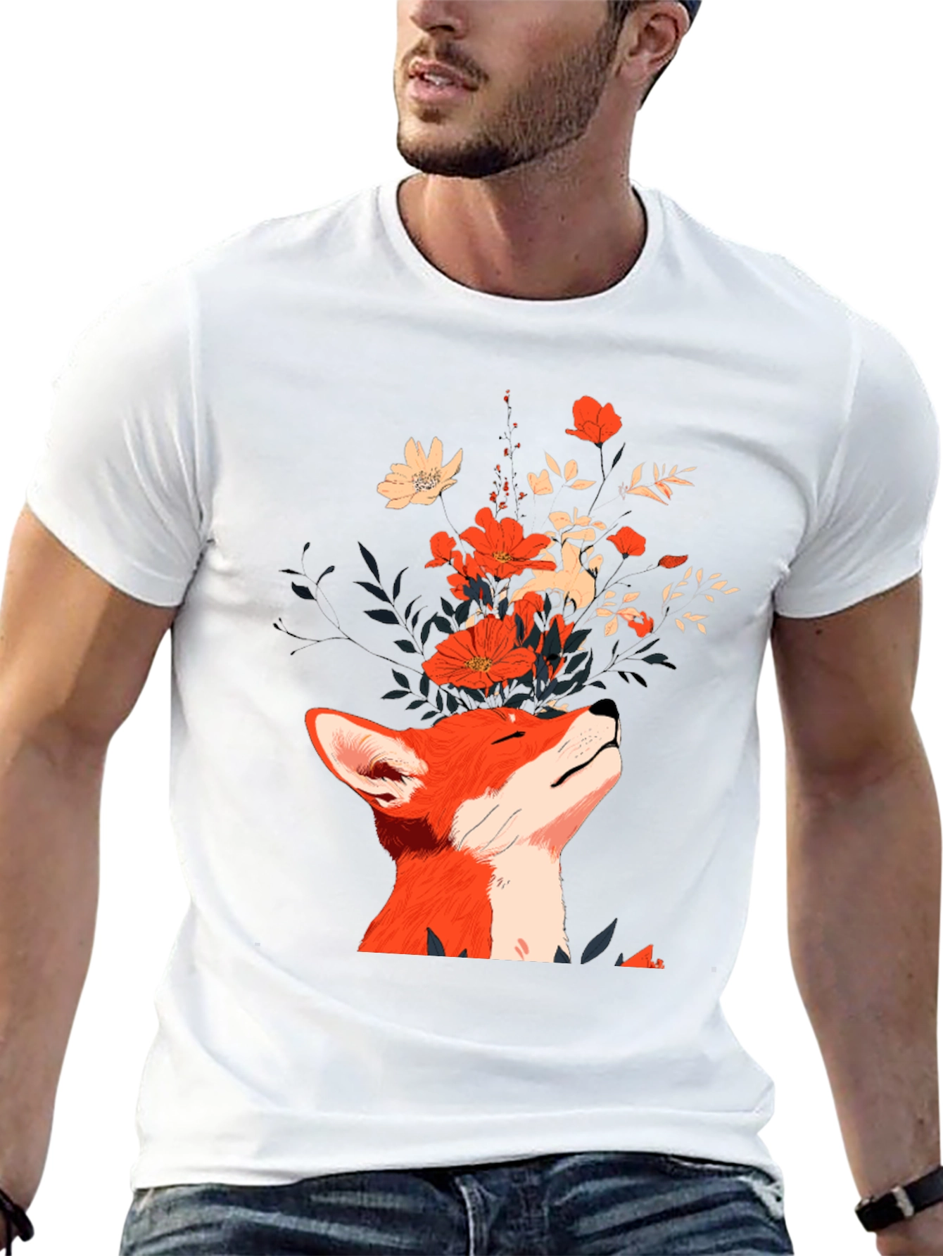 Fox and Flowers Graphic Tee - Unisex Black T-Shirt