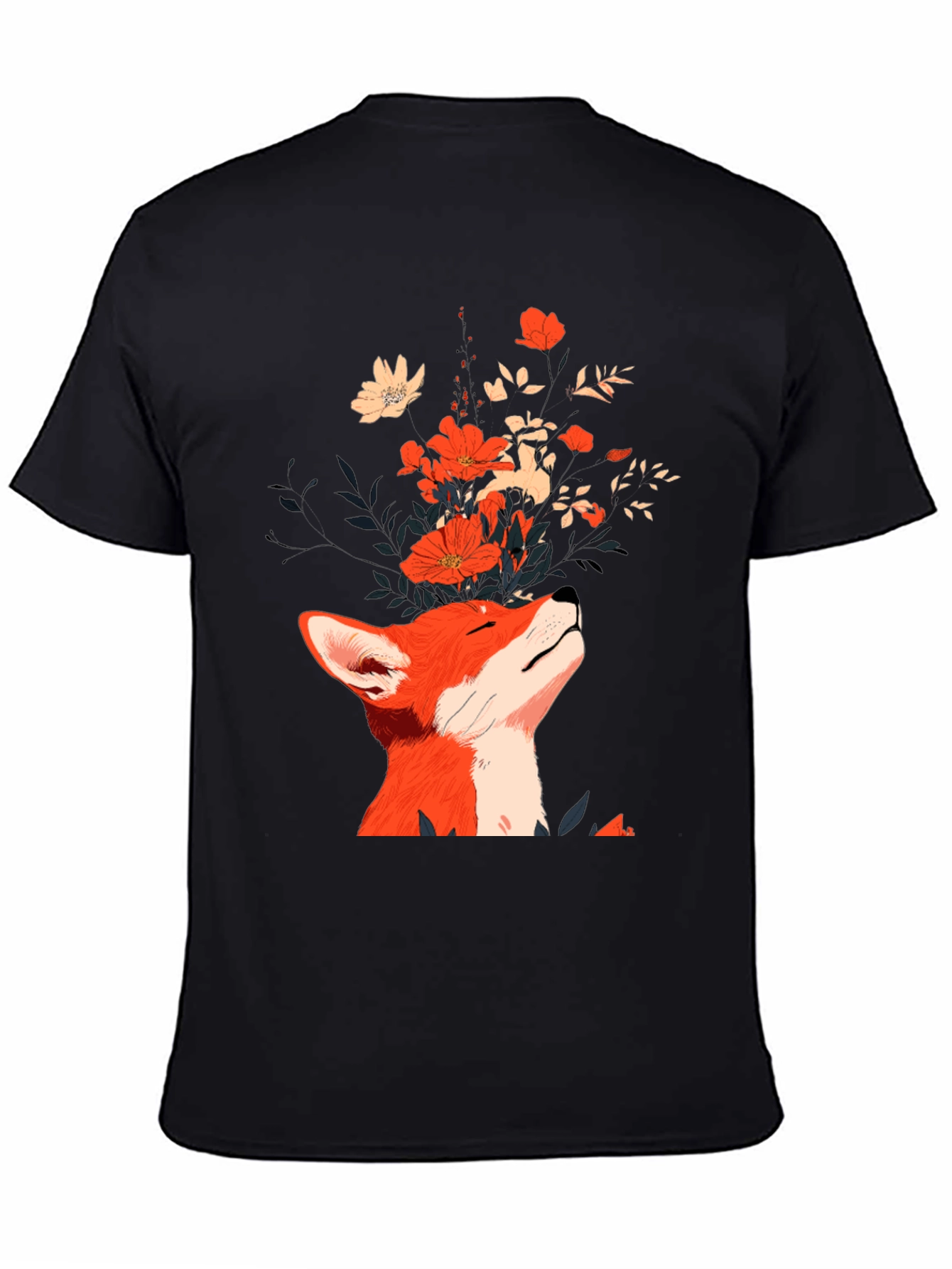 Fox and Flowers Graphic Tee - Unisex Black T-Shirt