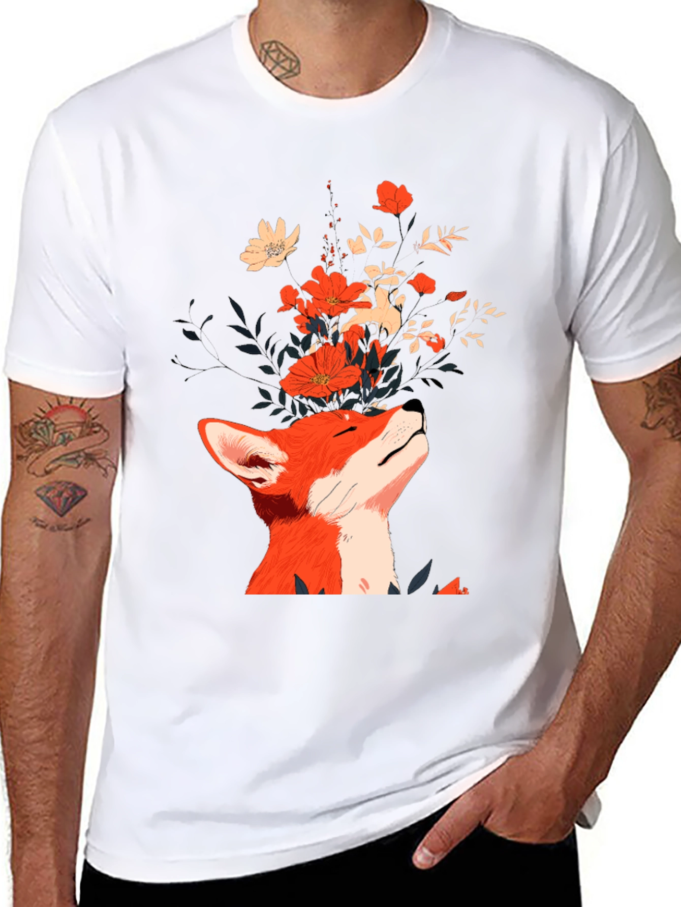 Fox and Flowers Graphic Tee - Unisex Black T-Shirt