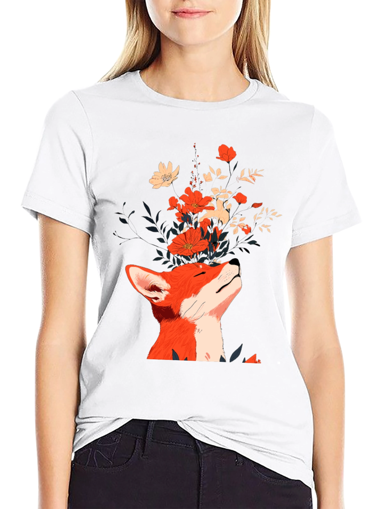 Fox and Flowers Graphic Tee - Unisex Black T-Shirt