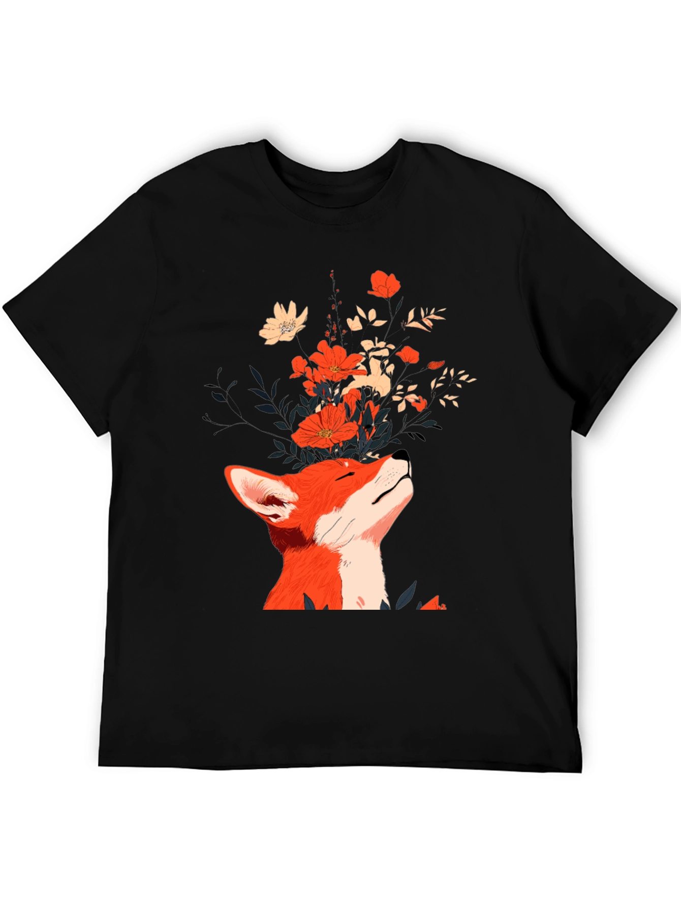 Fox and Flowers Graphic Tee - Unisex Black T-Shirt