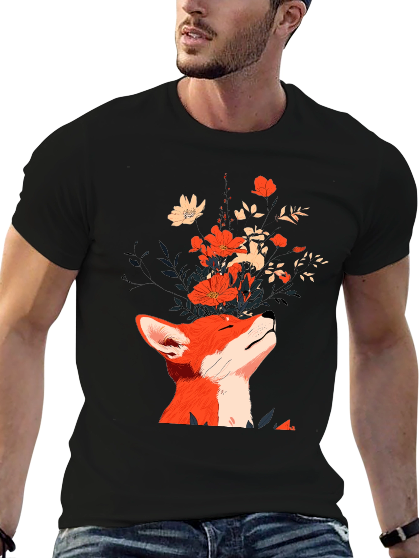 Fox and Flowers Graphic Tee - Unisex Black T-Shirt