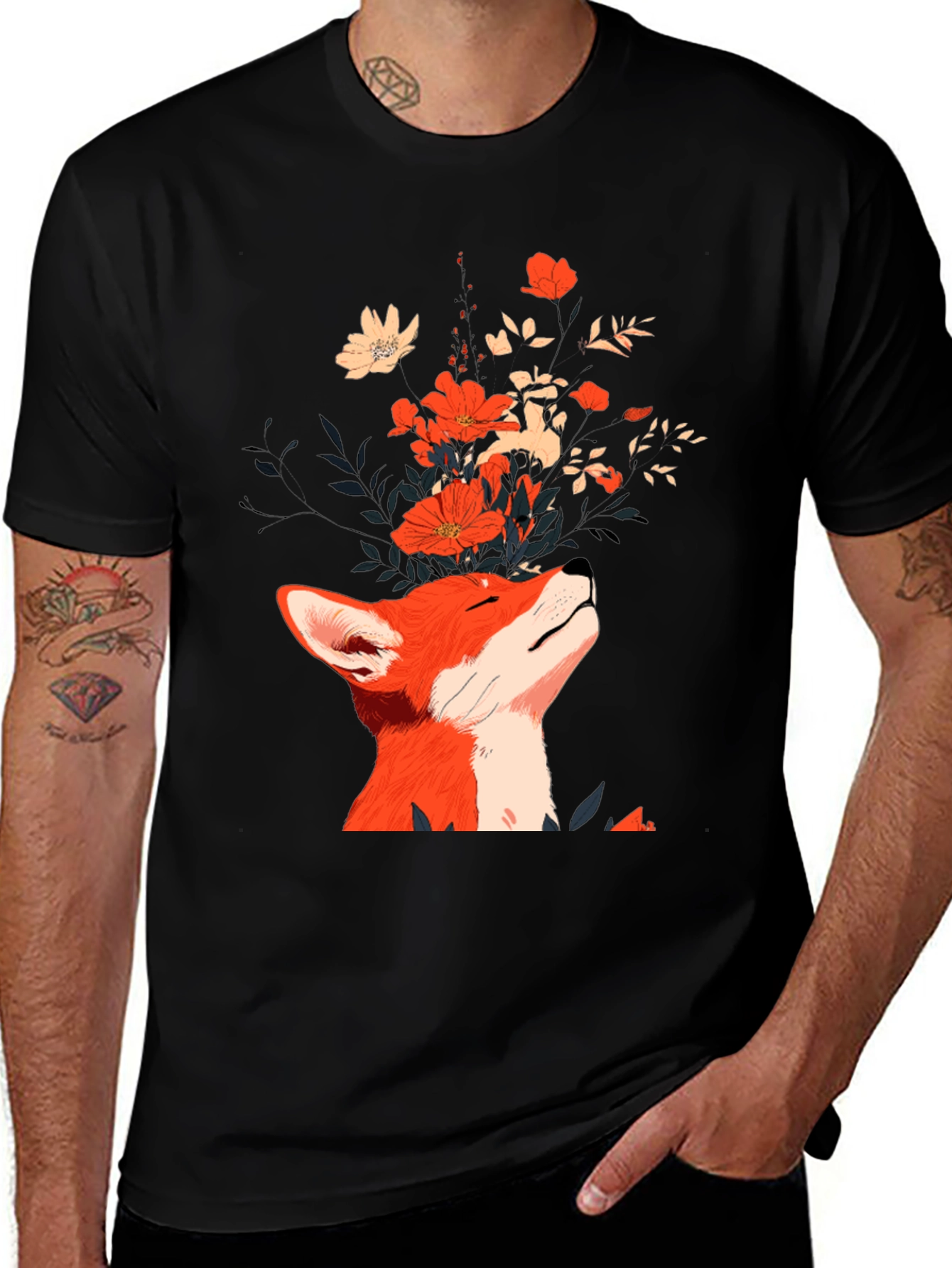 Fox and Flowers Graphic Tee - Unisex Black T-Shirt
