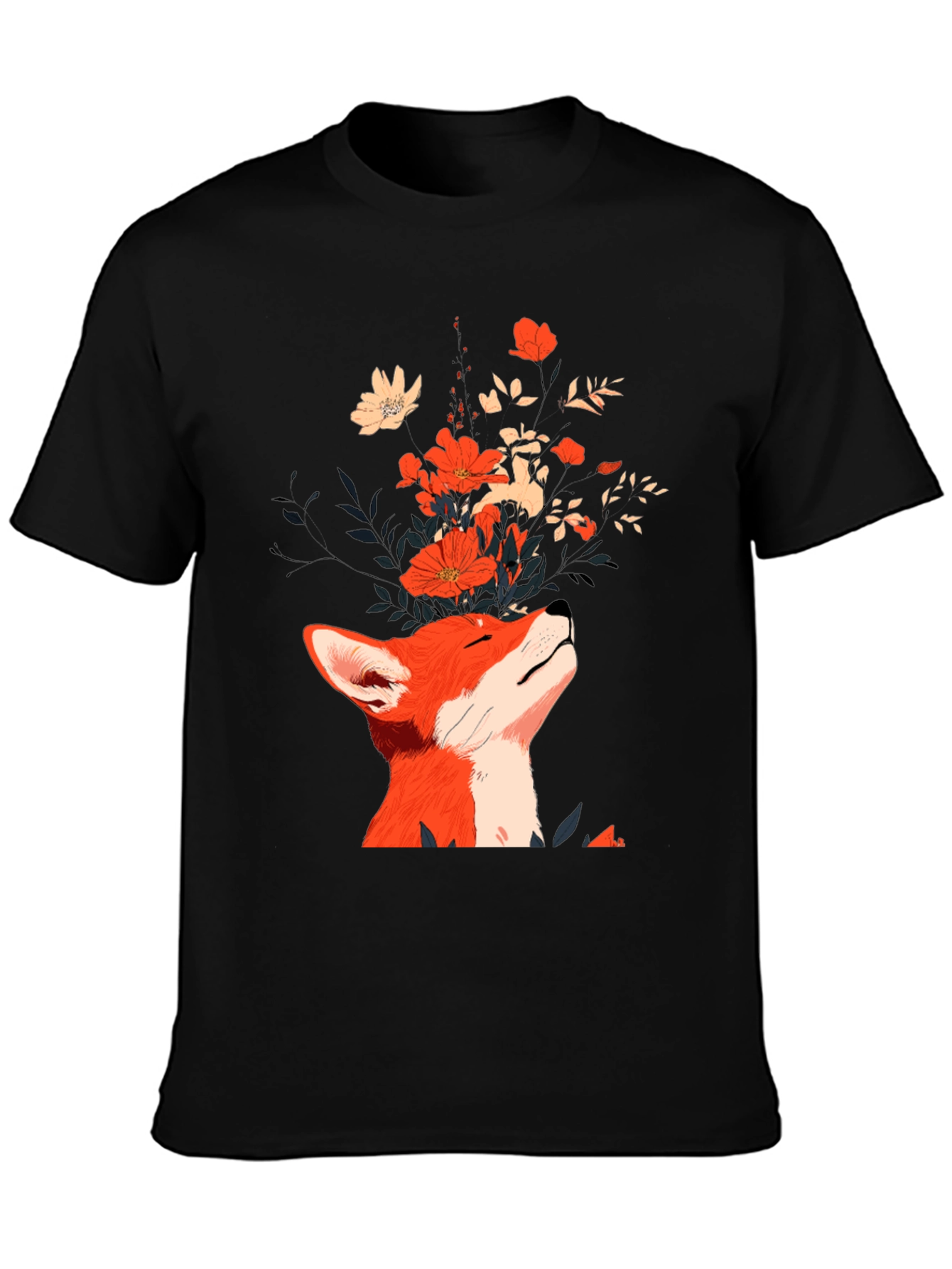 Fox and Flowers Graphic Tee - Unisex Black T-Shirt