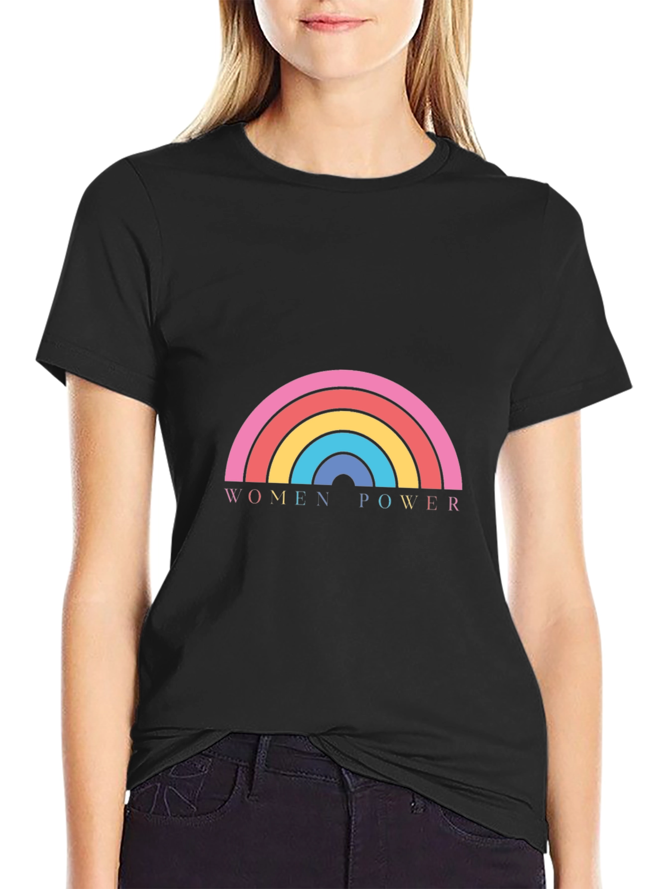 Women Power Rainbow Graphic Black T-Shirt
