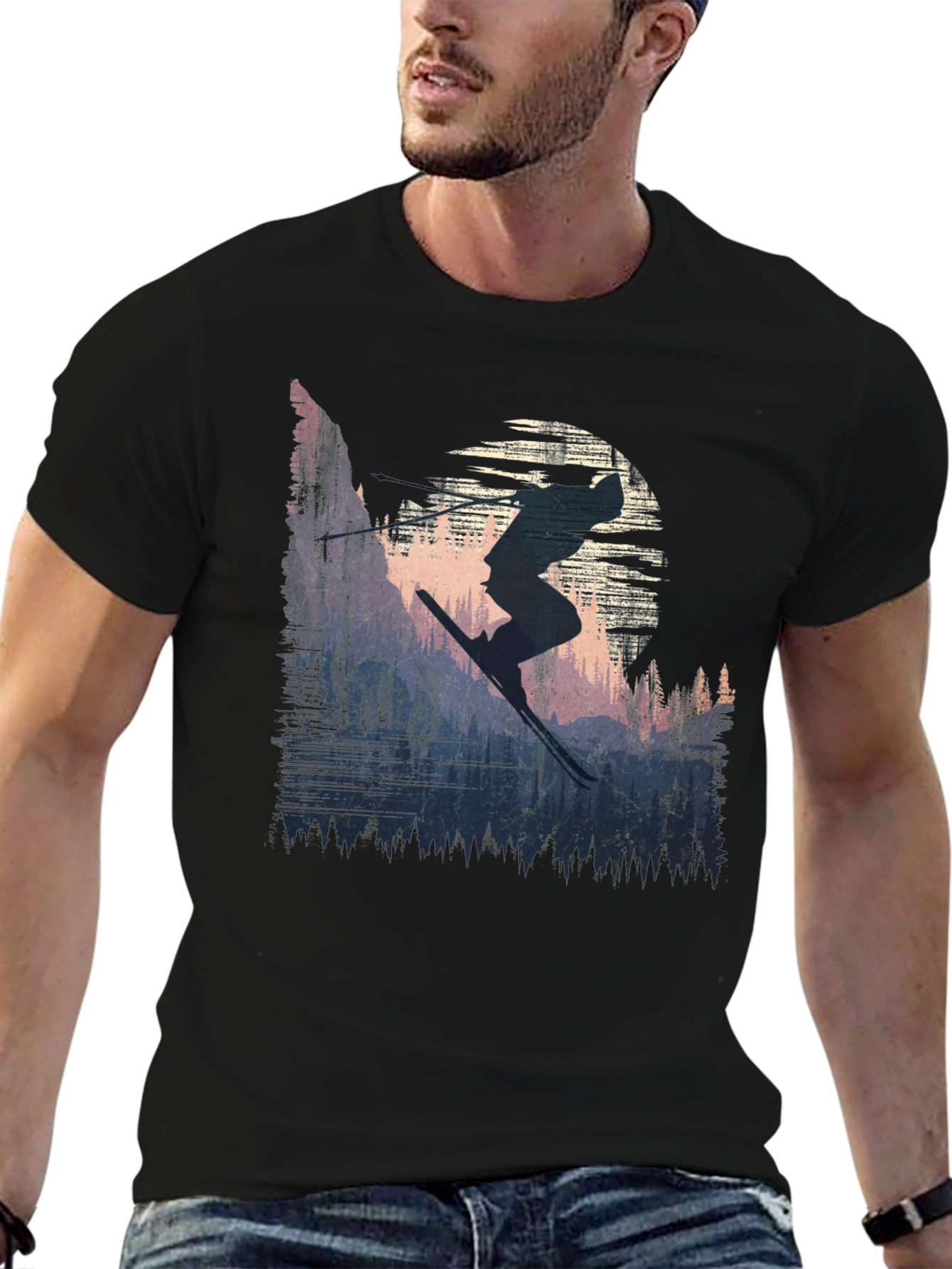 Skier Silhouette Graphic Tee - Black Cotton T-Shirt