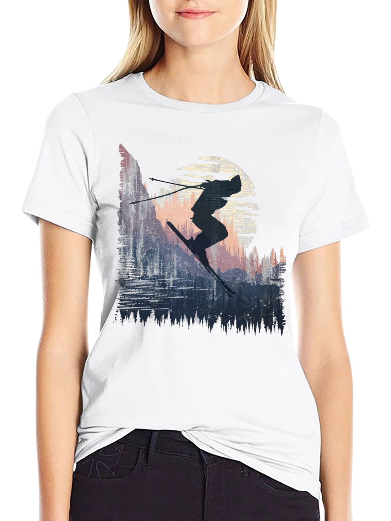 Skier Silhouette Graphic Tee - Black Cotton T-Shirt