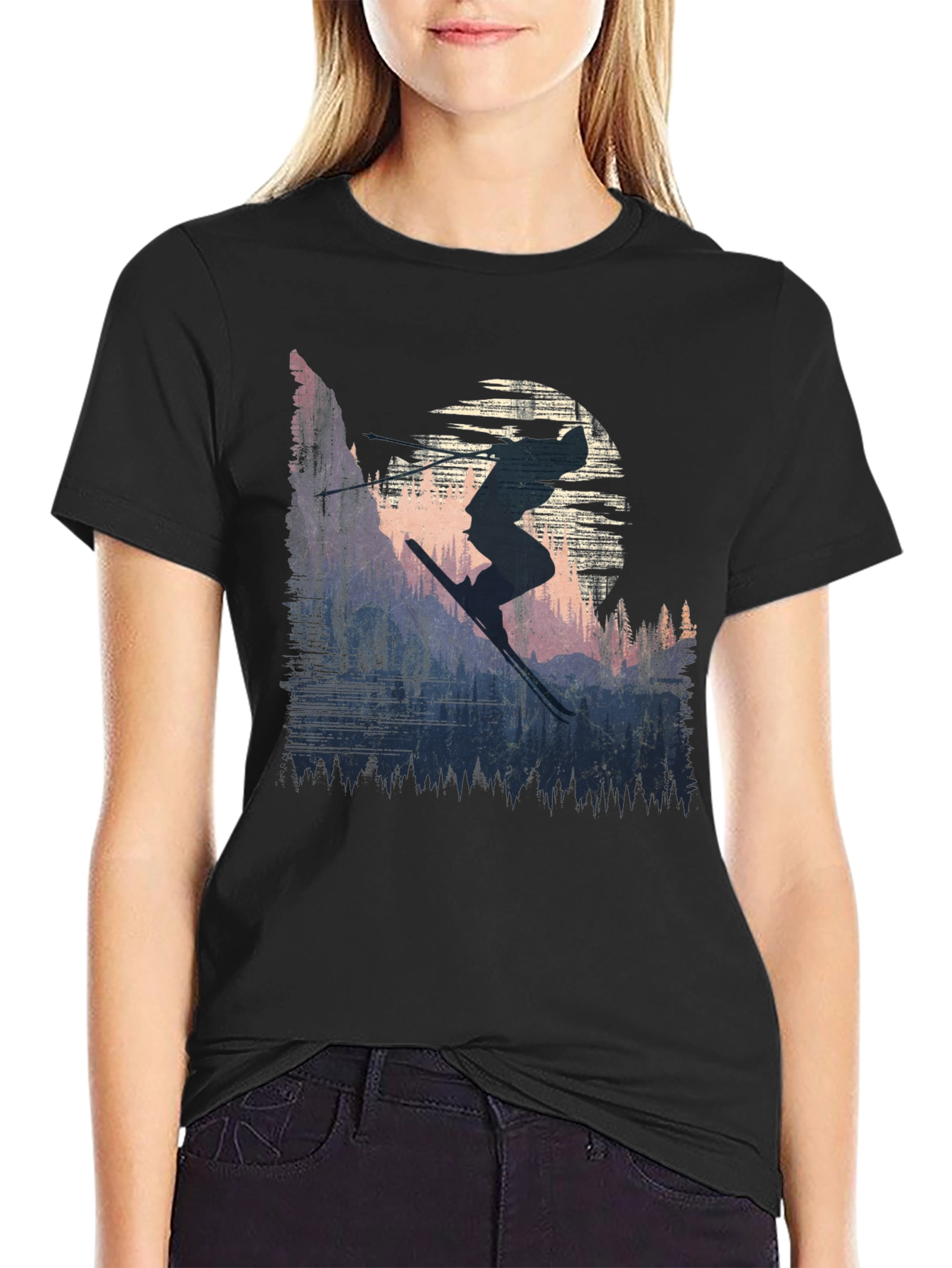 Skier Silhouette Graphic Tee - Black Cotton T-Shirt